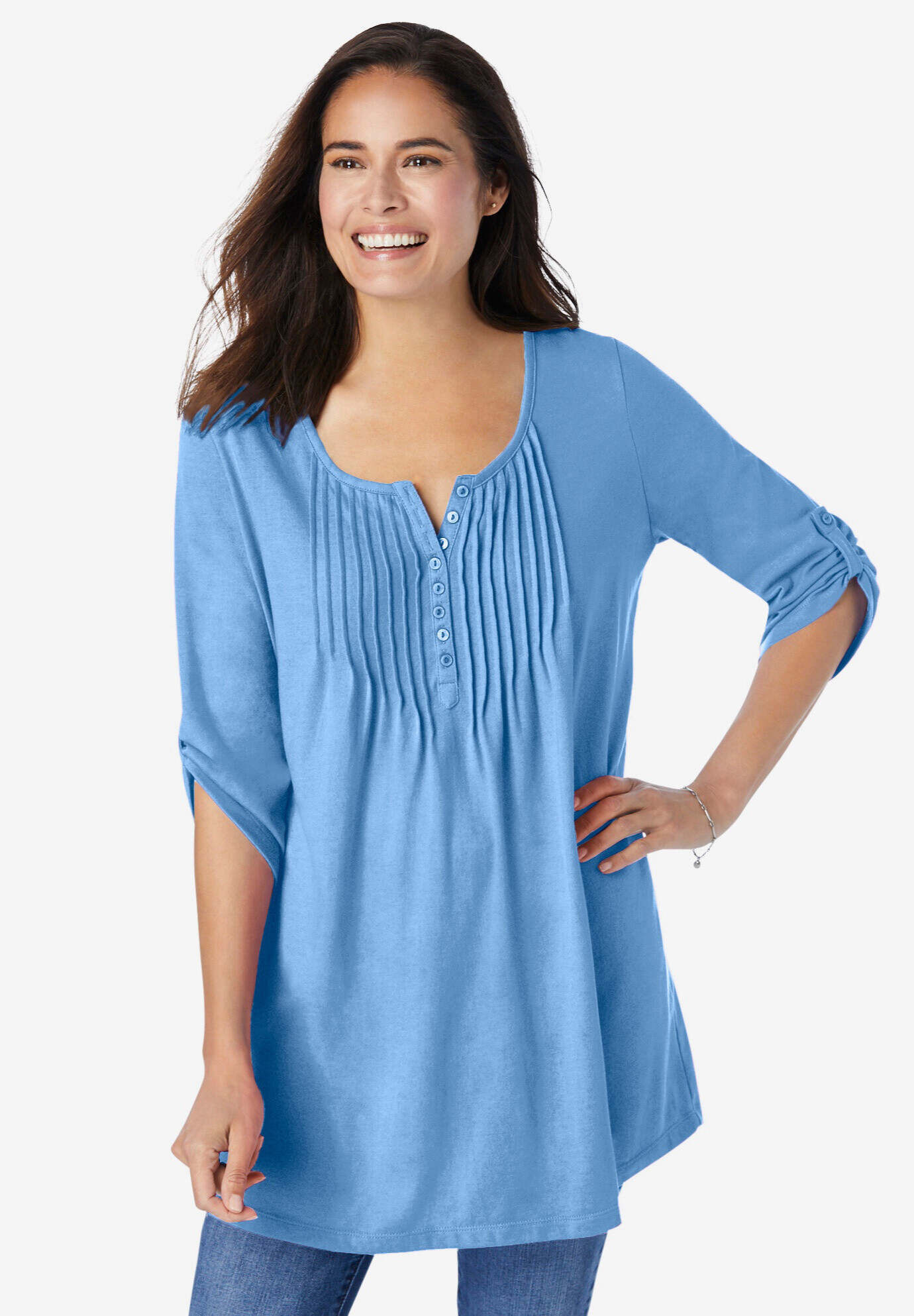 7-Day Three-Quarter Sleeve Pintucked Henley Tunic