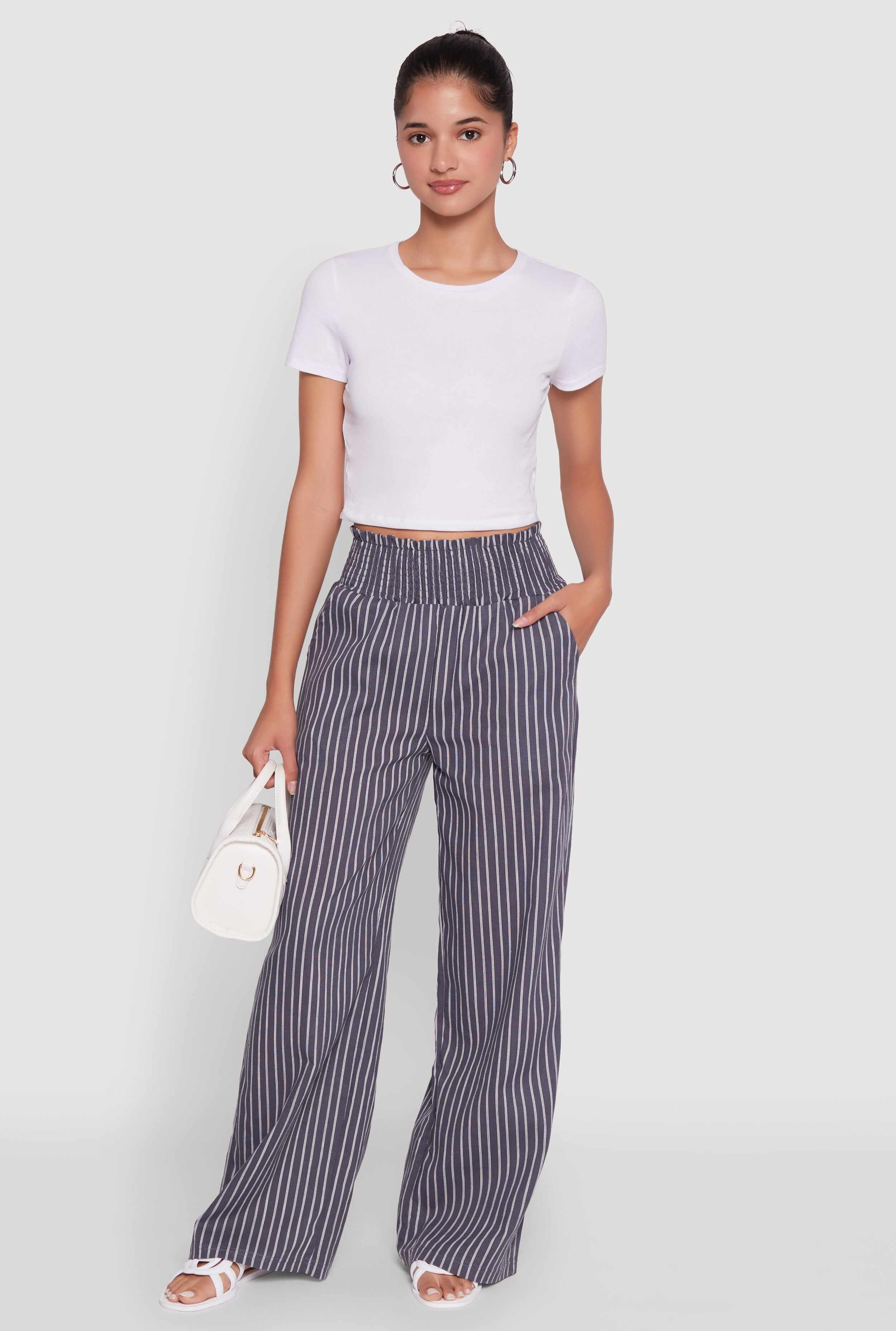 Trendy Linen Striped Smocked Waist Wide Leg Pants