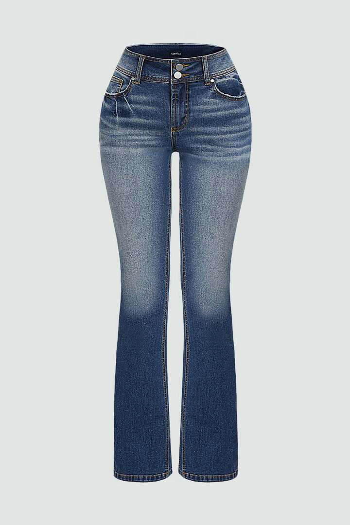 Washed Dual Button Flap Pocket Mid Waist Bootcut Jeans