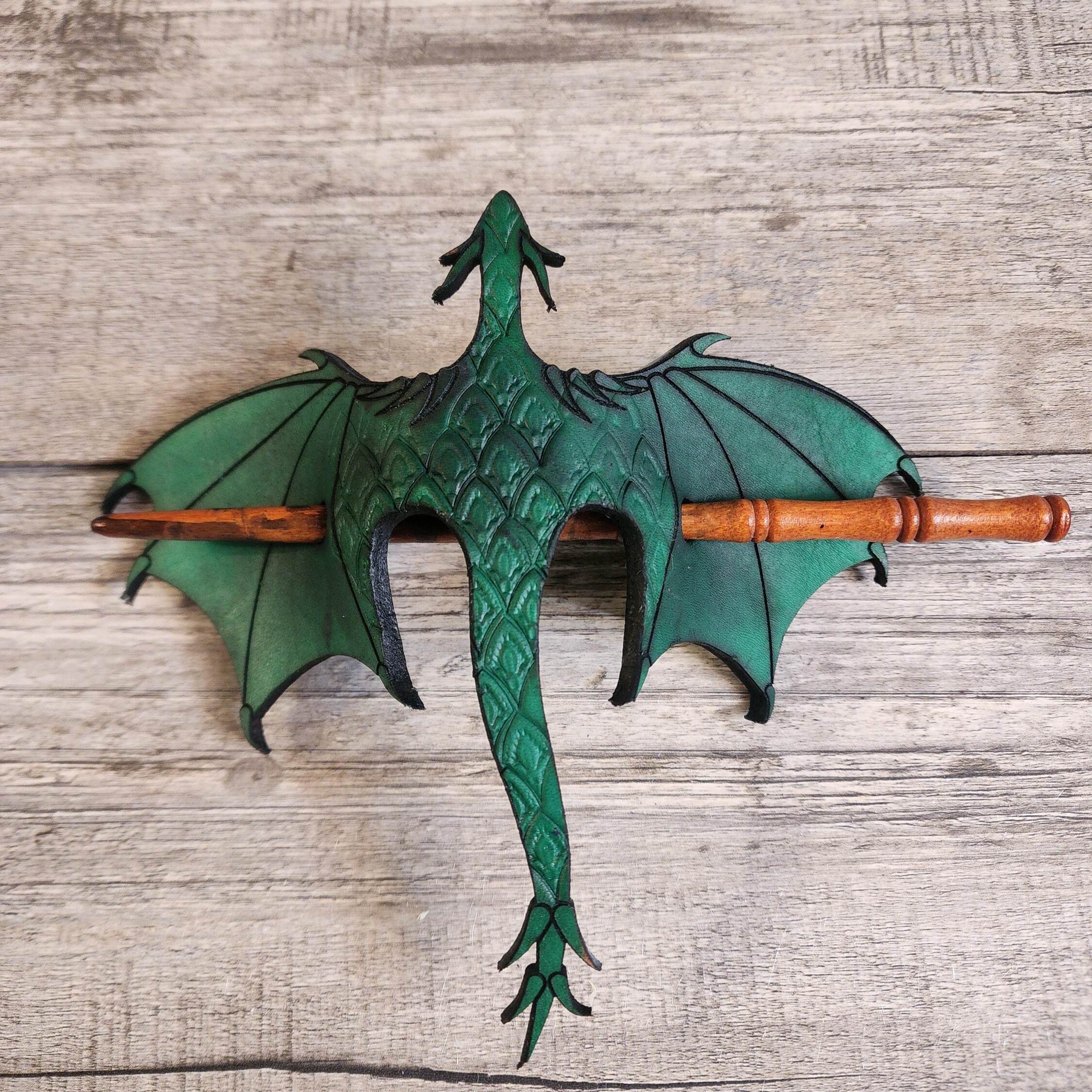 Leather Tooled Dragon Hair Slide w/ Wood Stick