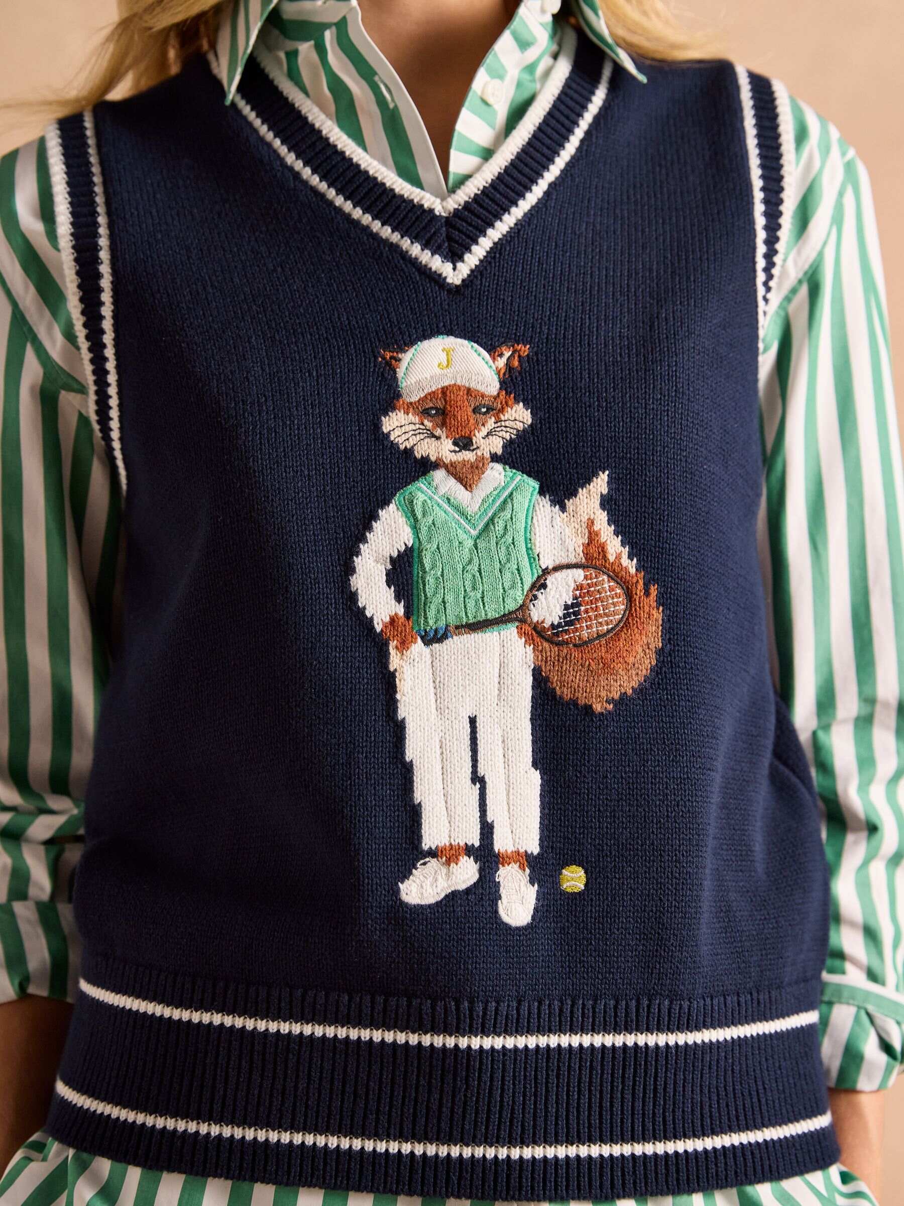 Jonty Navy Intarsia Fox Knitted Cotton Vest