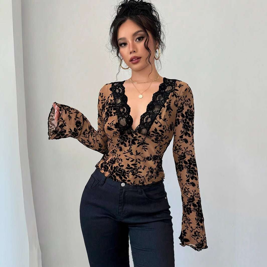 Spring 2026 new women's V-neck lace mesh horn sleeve T-shirt top women