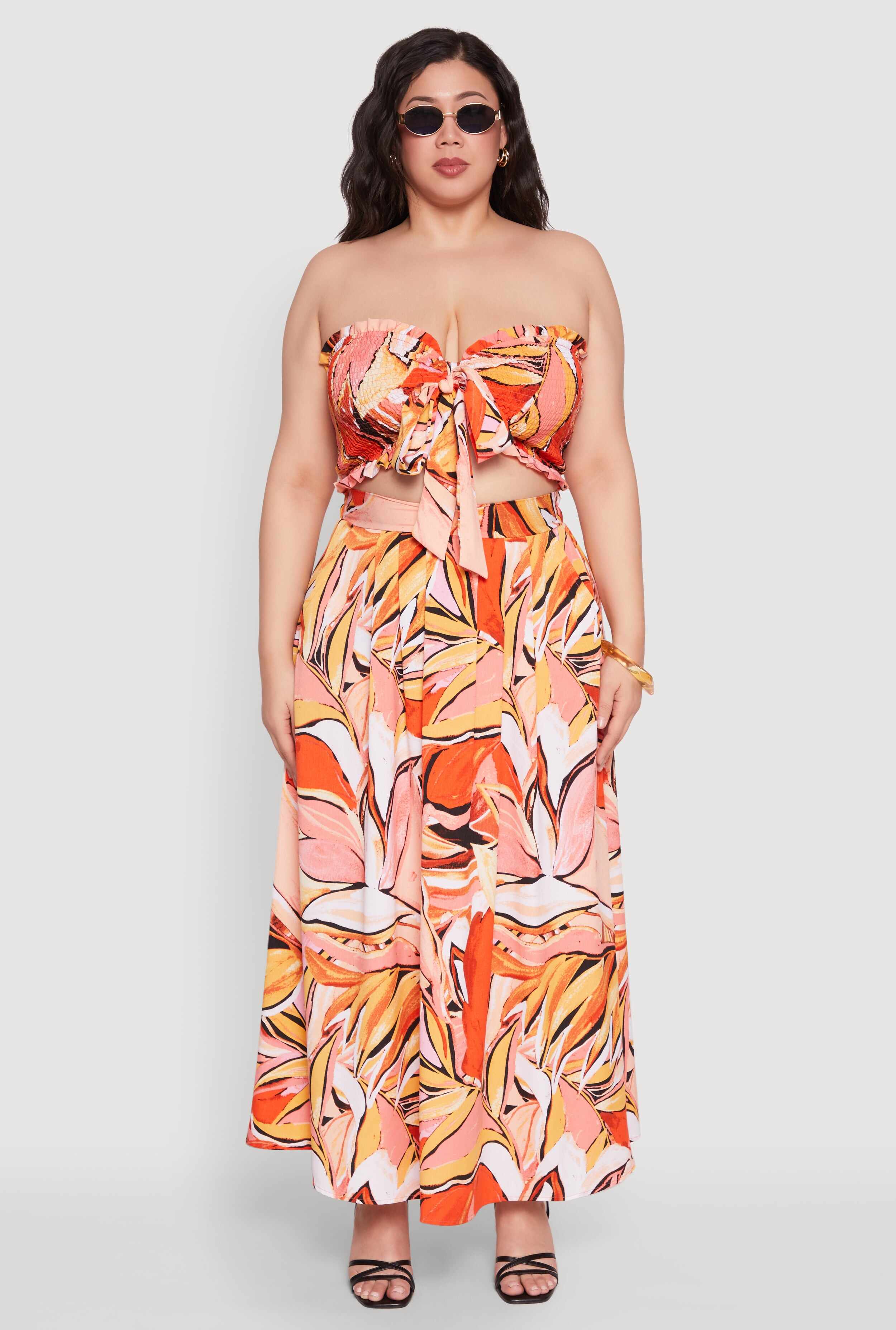 Plus Size Printed Pattern Tie Front Crop Top