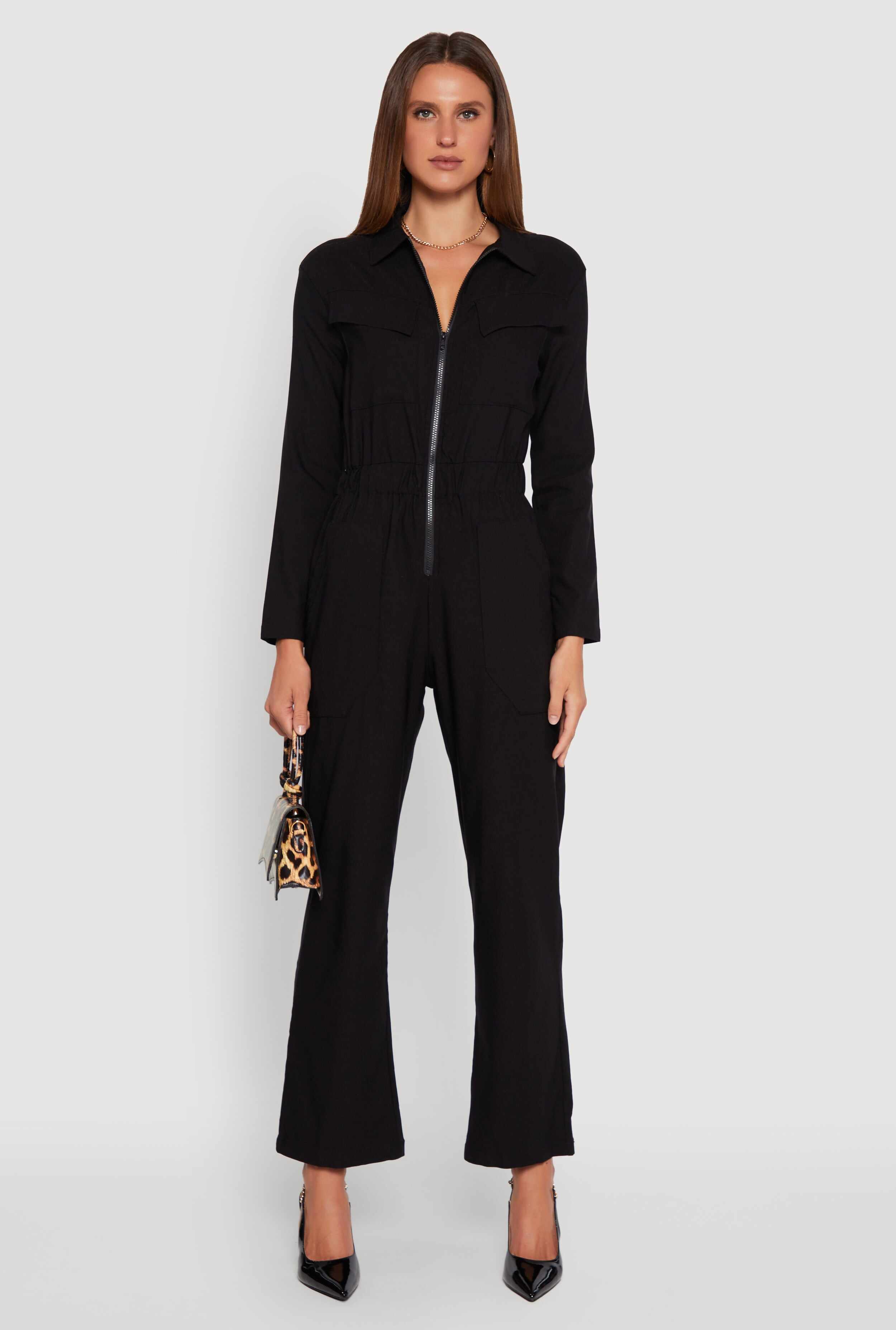 Solid Long Sleeve Collar Jumpsuit with Flap Pockets