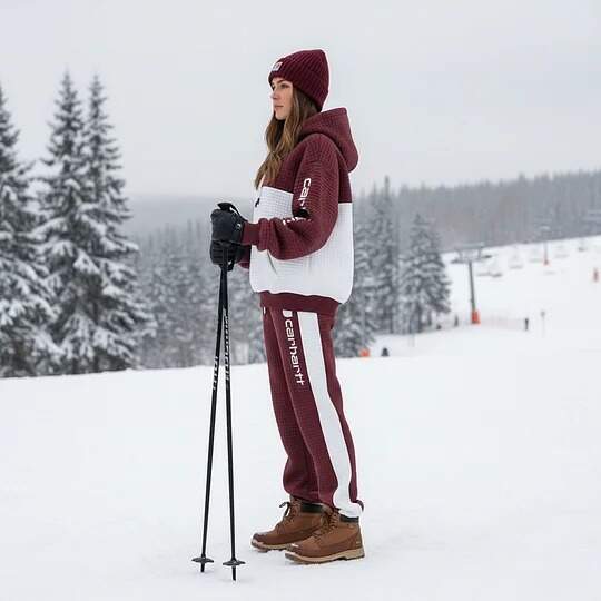Quilted Hoodie and Jogger Set for Winter Outdoors- Red wine