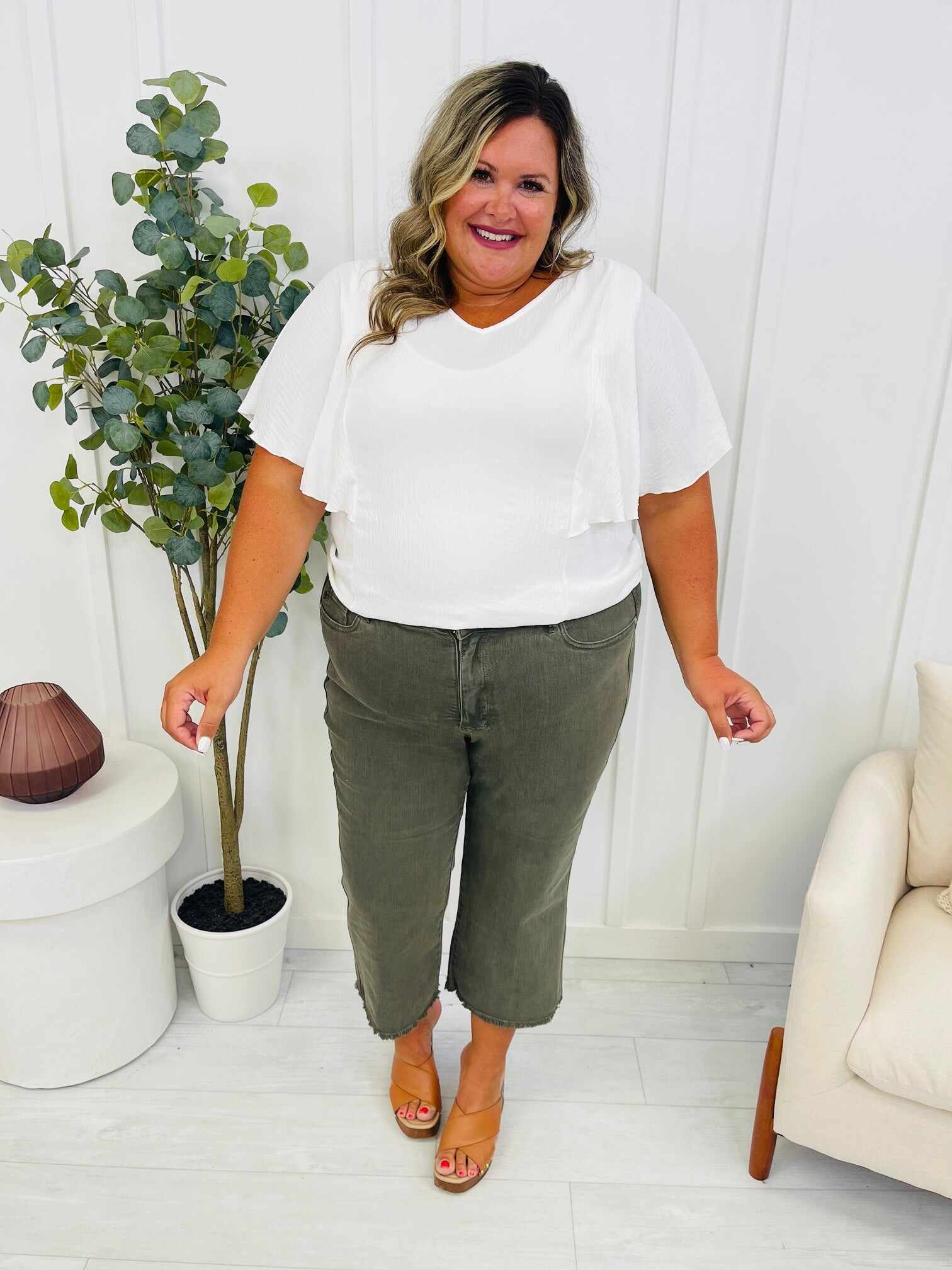 REG/CURVY Olive You Tummy Control Garment Dyed Wide Leg Cropped Jeans