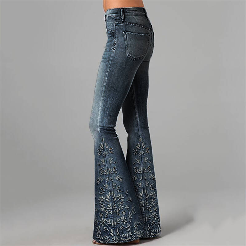 Boho Floral Hollow Embroidered Washed Flare Jeans
