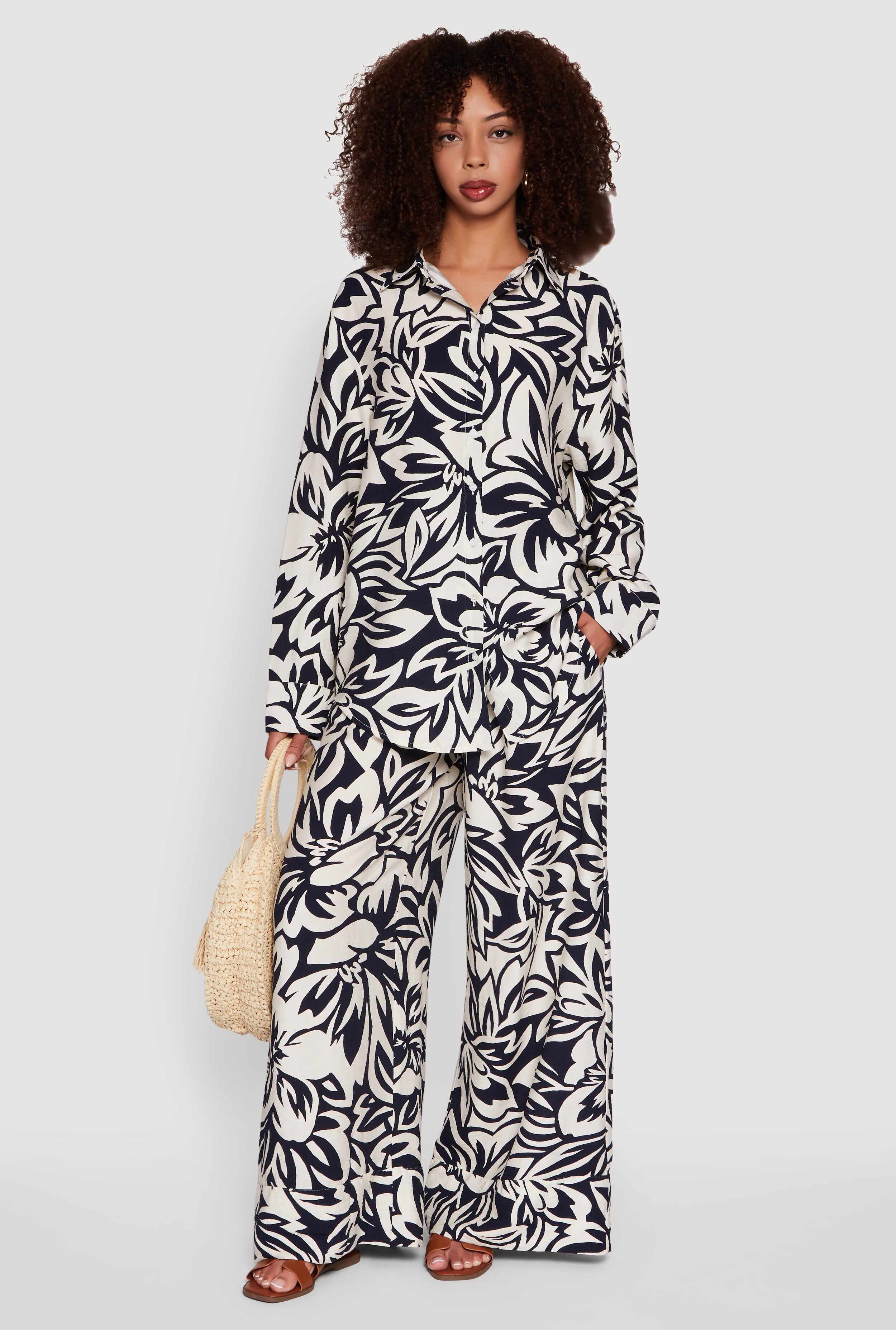 Crepe Knit Floral Print Drawstring Waist Palazzo Pants
