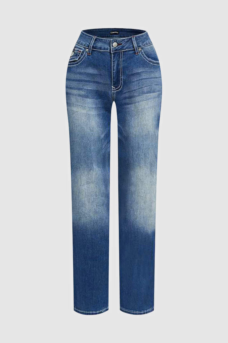 Washed Flap Pocket Low Rise Straight Leg Jeans