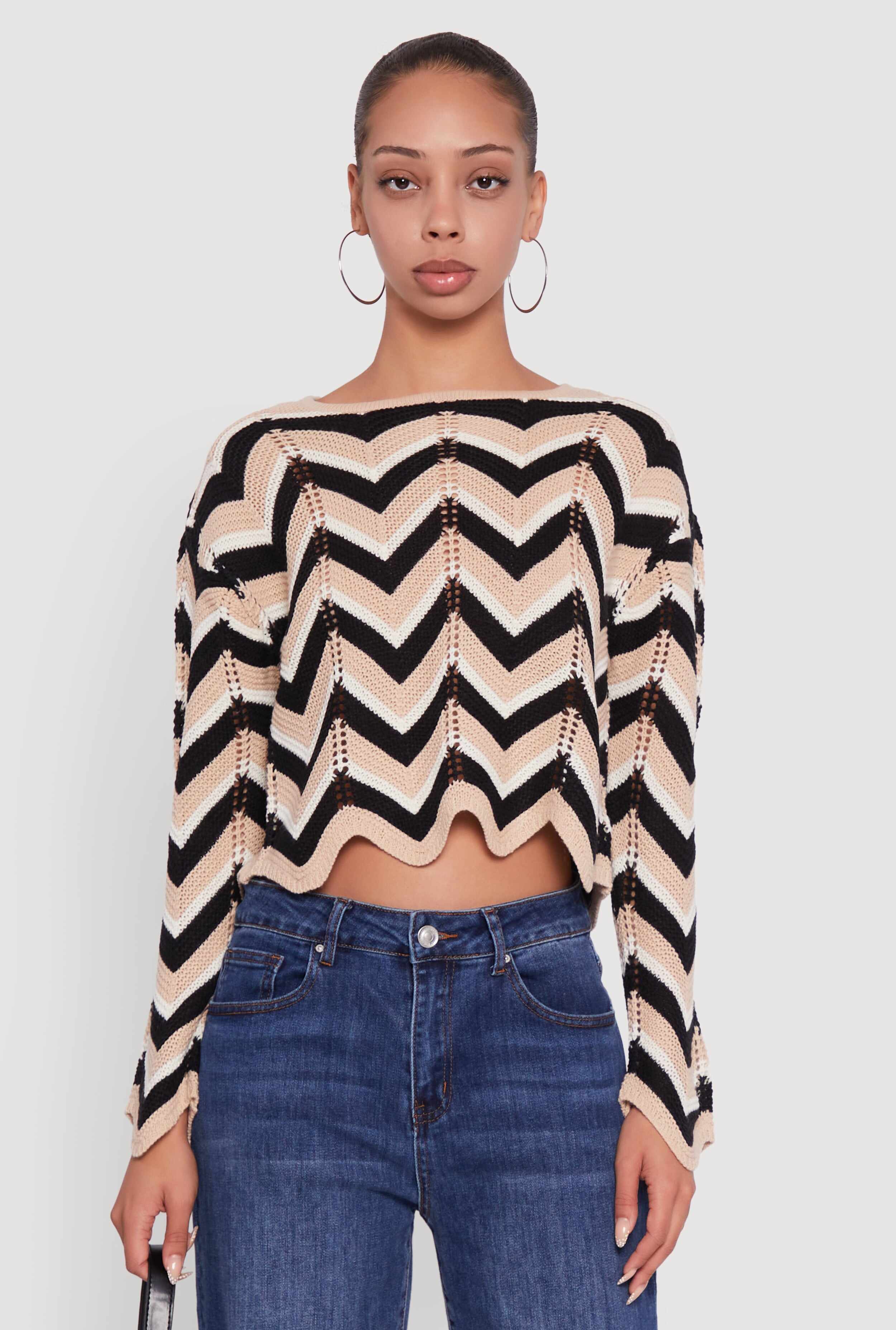 Chevron Crochet Long Sleeve Cropped Sweater