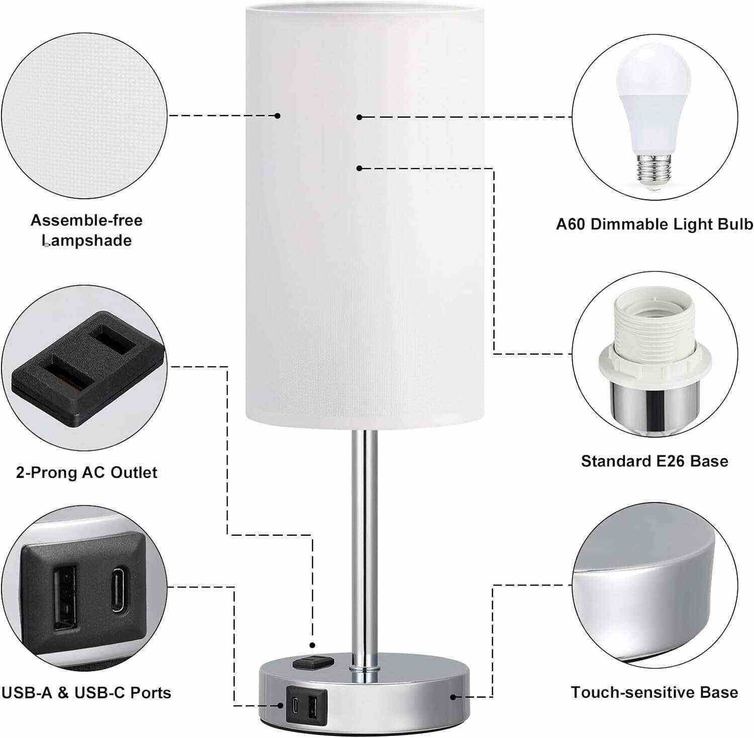 Bedside Table Lamp for Bedroom - 3 Way Dimmable Touch Lamp USB C Charging Ports and AC Outlet, Small Lamp Wood Base Round Flaxen Fabric Shade for Living Room, Desk, LED Bulb Included