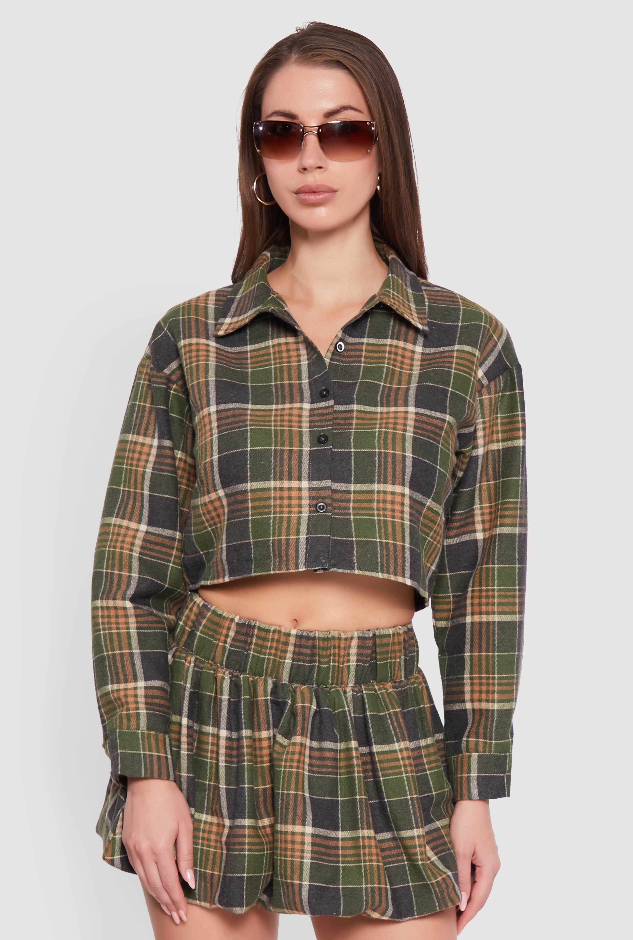 Plaid Flannel Cropped Long Sleeve Shirt