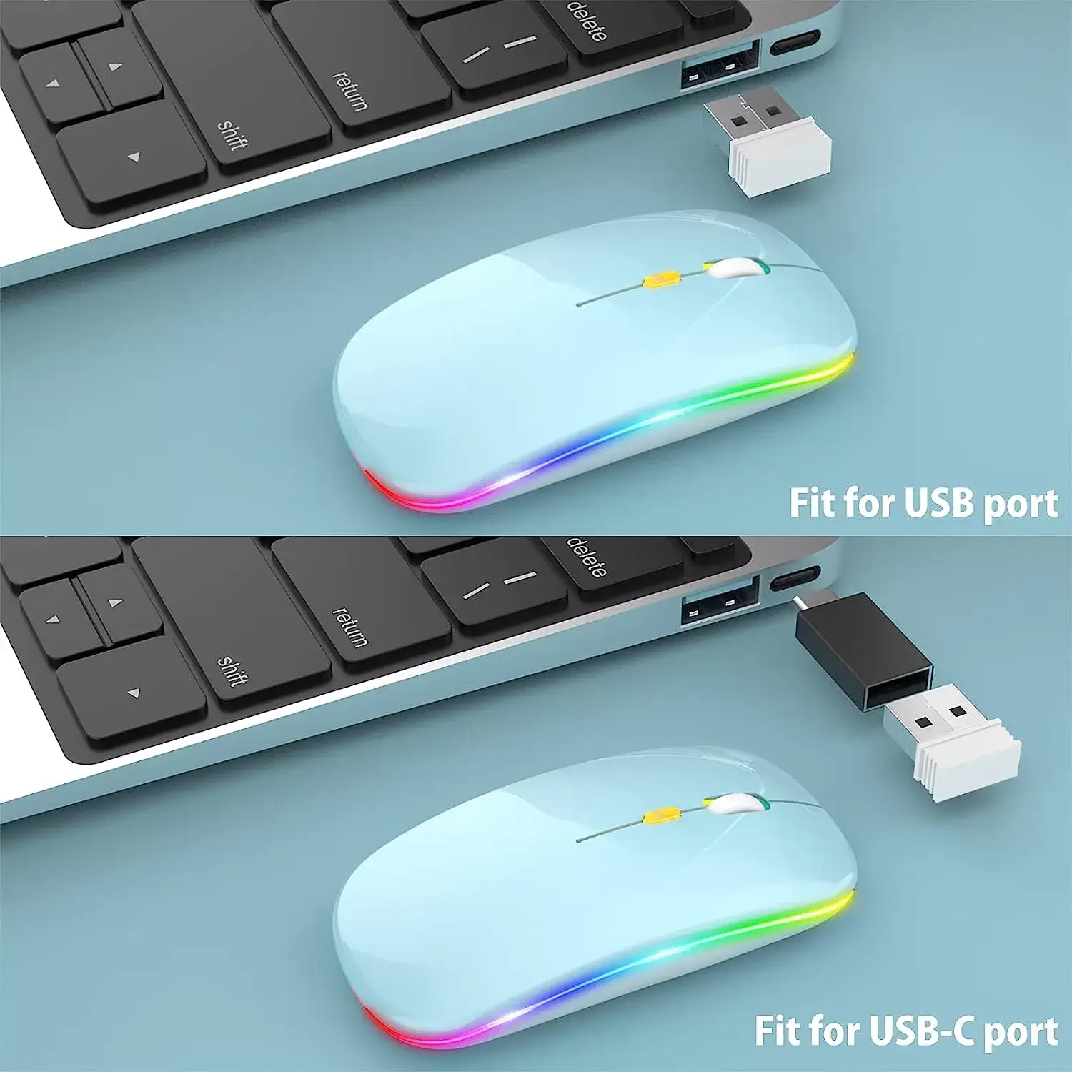 [Upgrade] LED Wireless Mouse, Slim Silent Mouse 2.4G Portable Mobile Optical Office Mouse with USB & Type-c Receiver, 3 Adjustable DPI Levels for Notebook, PC, Laptop, Computer, MacBook (Pink)