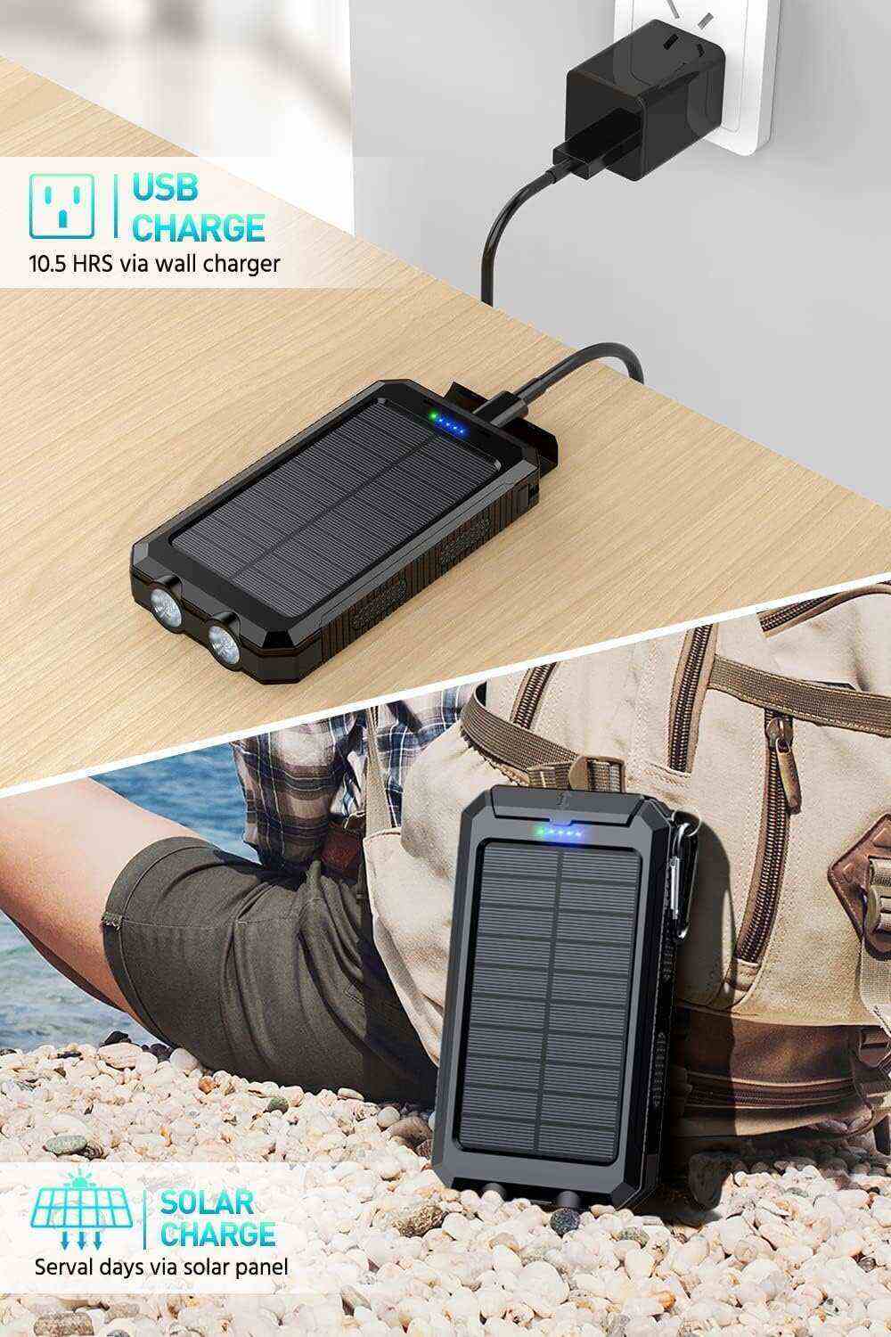 Power-Bank-Portable-Charger-Solar - 36800mAh Waterproof Portable External Backup Battery Charger Built-in Dual QC 3.0 5V3.1A Fast USB and Flashlight for All Phone and Electronic Devices (Deep Orange)