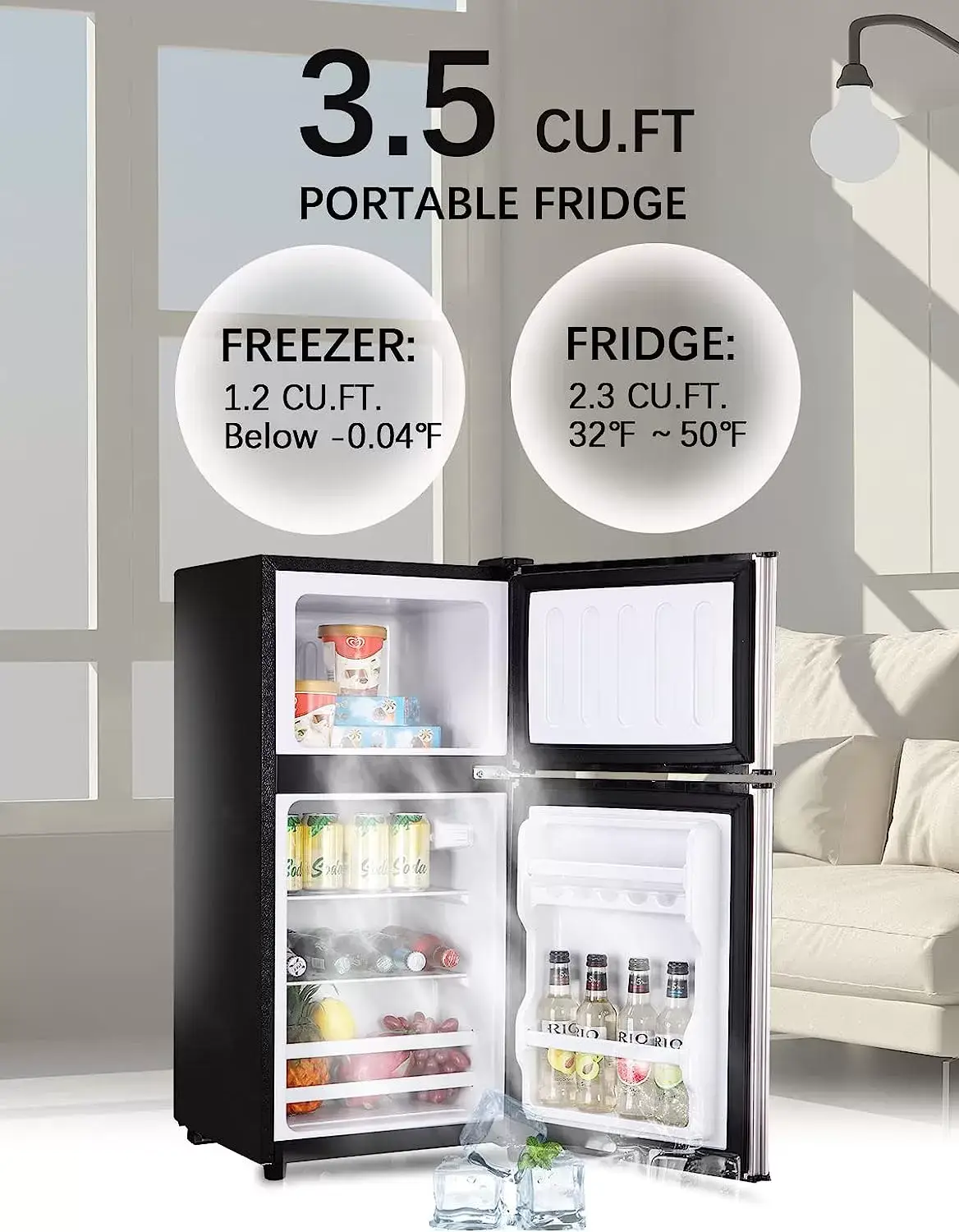 KRIB BLING Mini Fridge with Freezer on Top, 3.5 Cu.Ft Compact Refrigerator with 7 Levels Adjustable Thermostat, Small Fridge for Dorm, Office, RV Camping, Silver