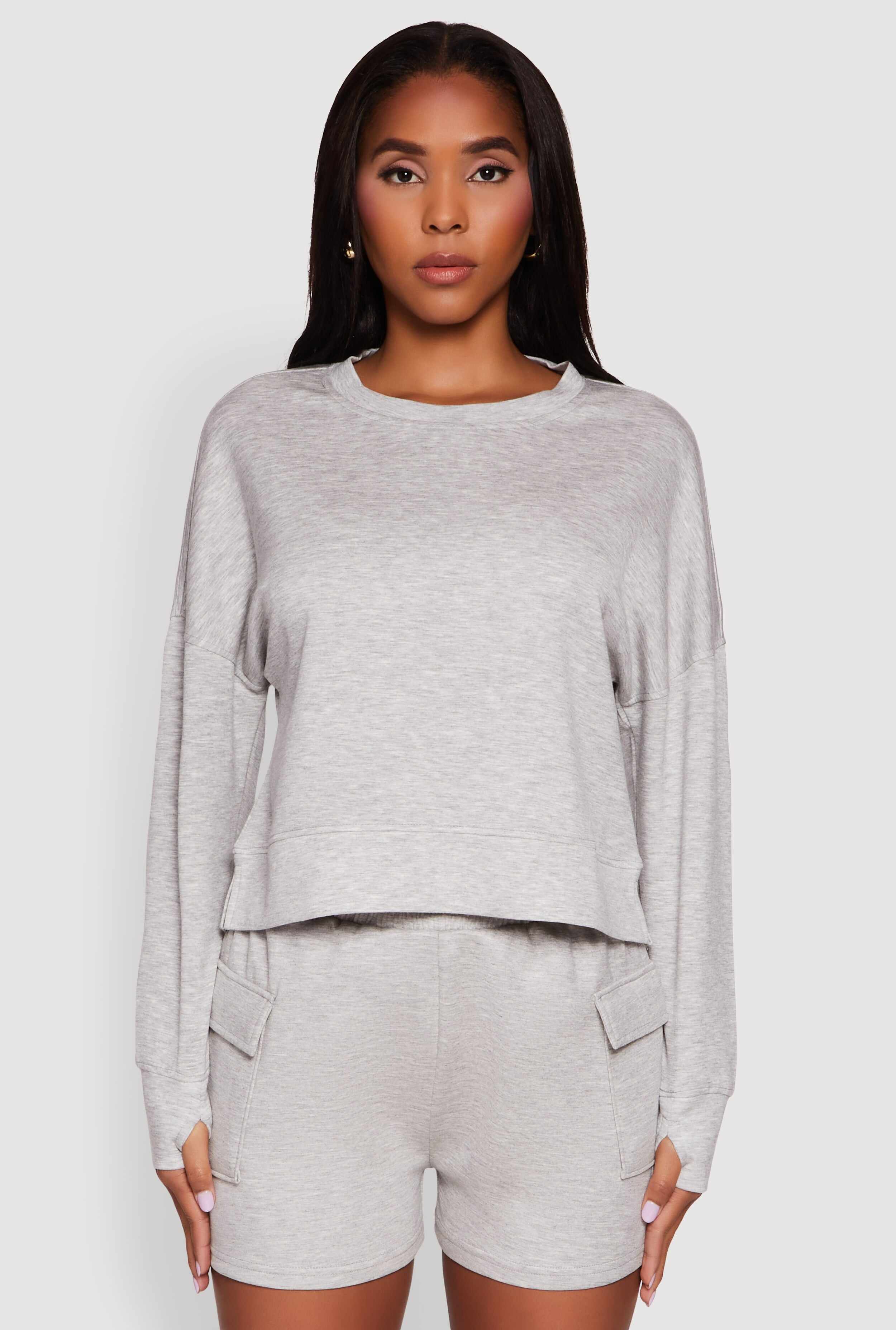 Stylish Long Sleeve Soft Knit Sweatshirt with Thumb Holes