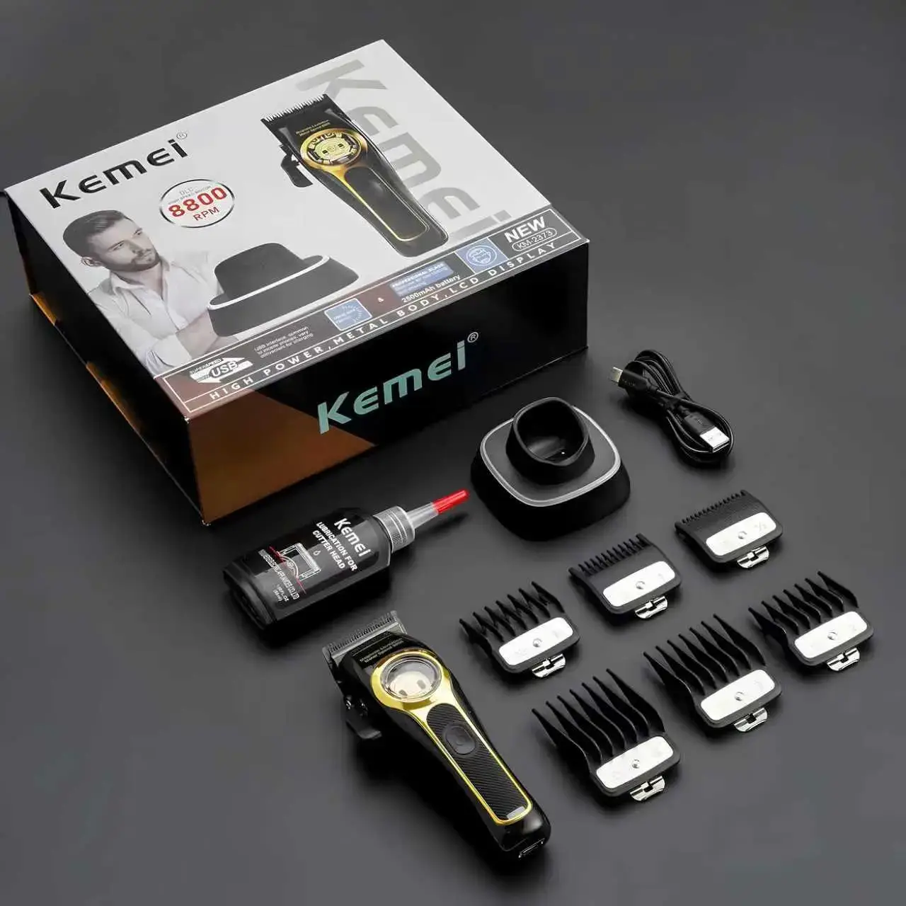 Electric Hair Trimmer Km-2373, USB Charging Carving Hair Clipper with Base, Professional Salon Barber Tool, High Precision Grooming Kit, Suspended Motor