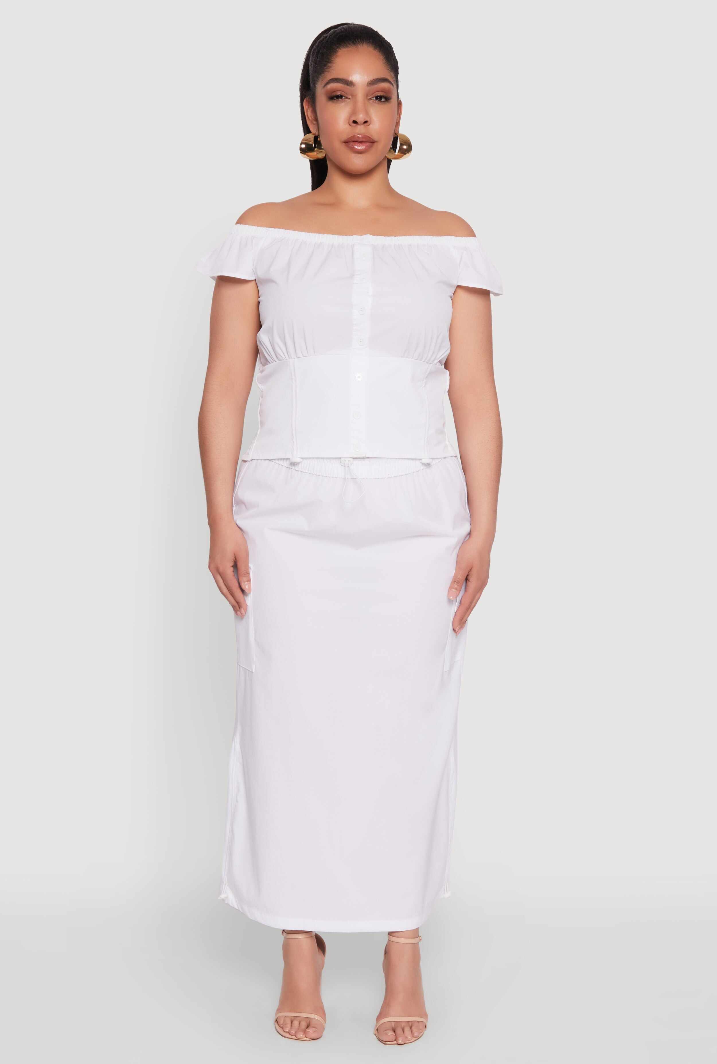 Plus Size Nylon Drawstring Cargo Maxi Skirt