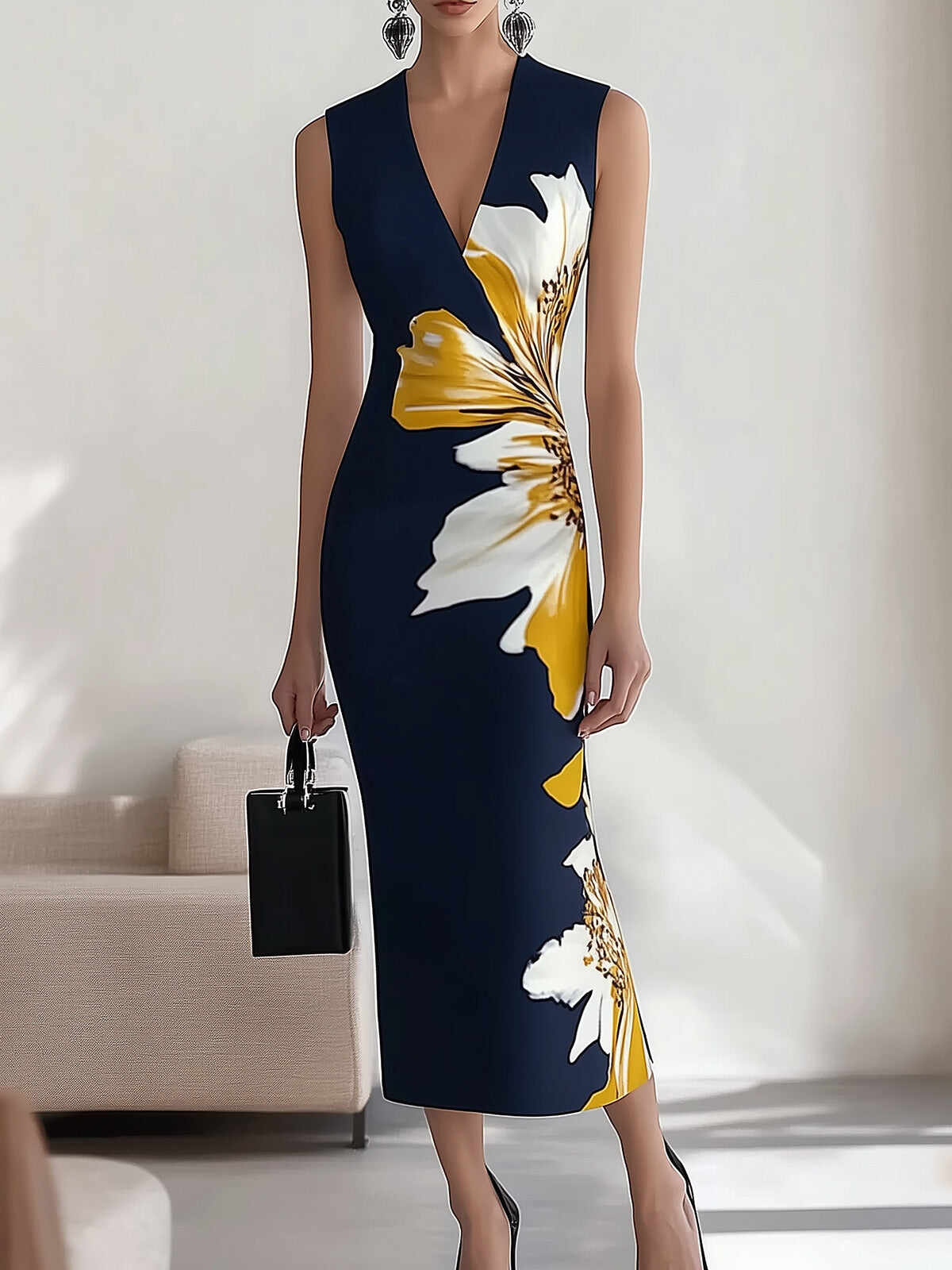 Navy Blue V-Neck Sleeveless Dress with Floral Print