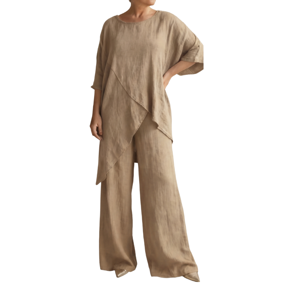 Women's Linen-Blend 2-Piece Outfit, Asymmetrical Layered Tunic Top + Wide Leg Pants