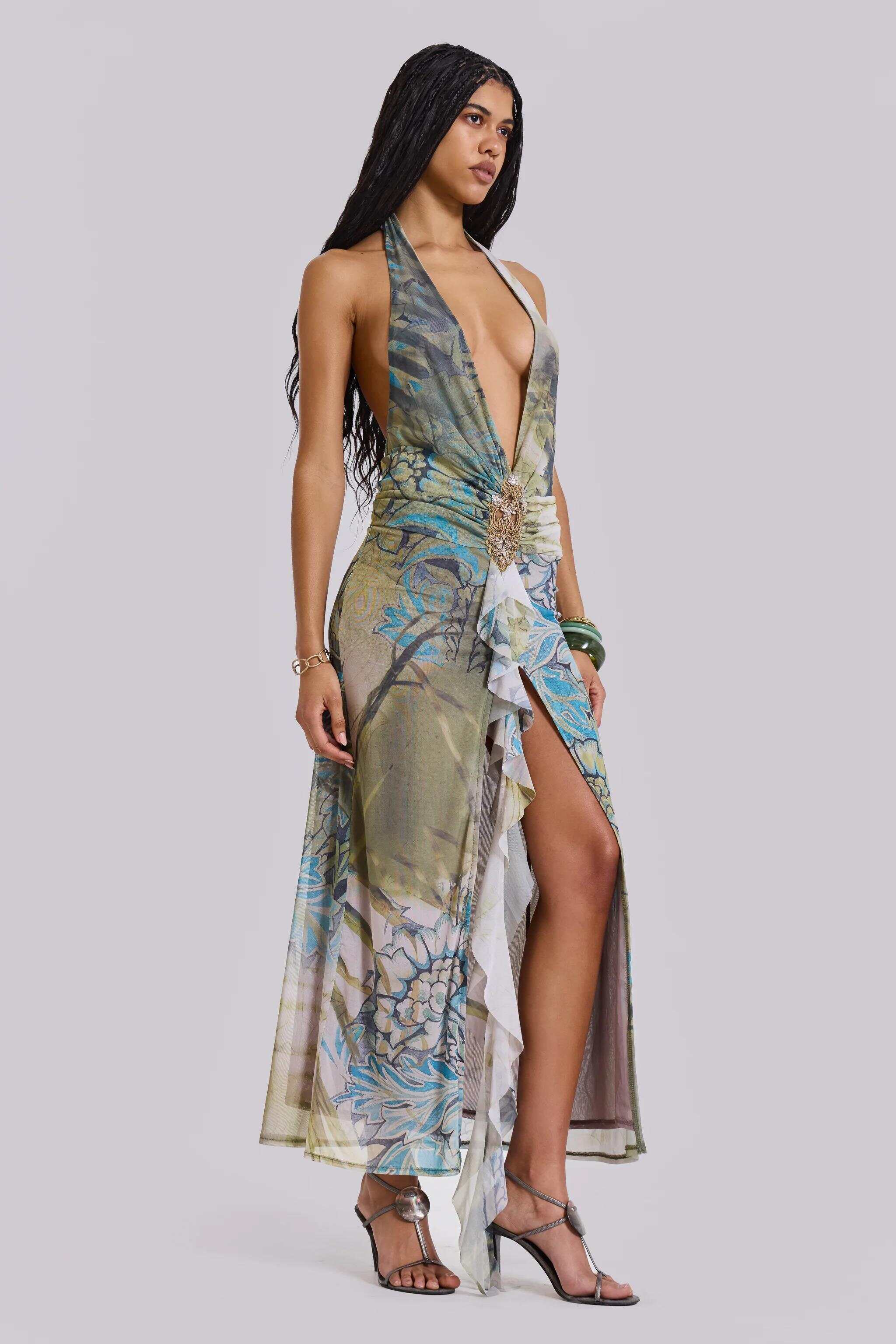 Cindy Plunge Maxi Dress In Green
