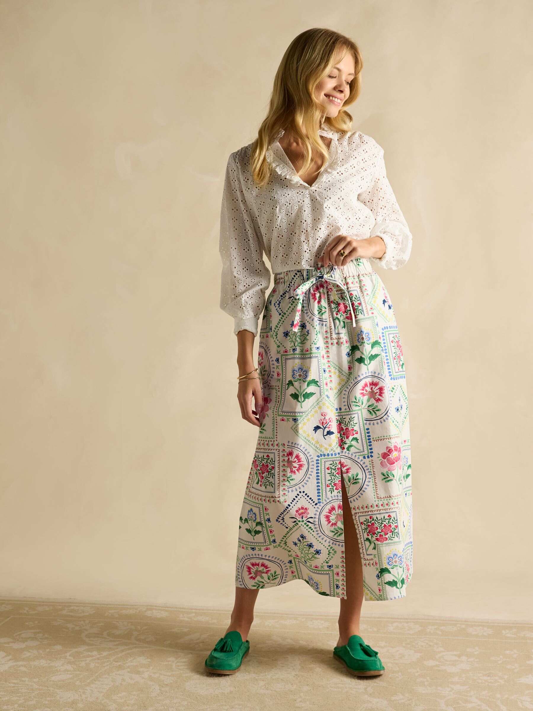 Cream Tile Print Cotton Poplin Midi Skirt