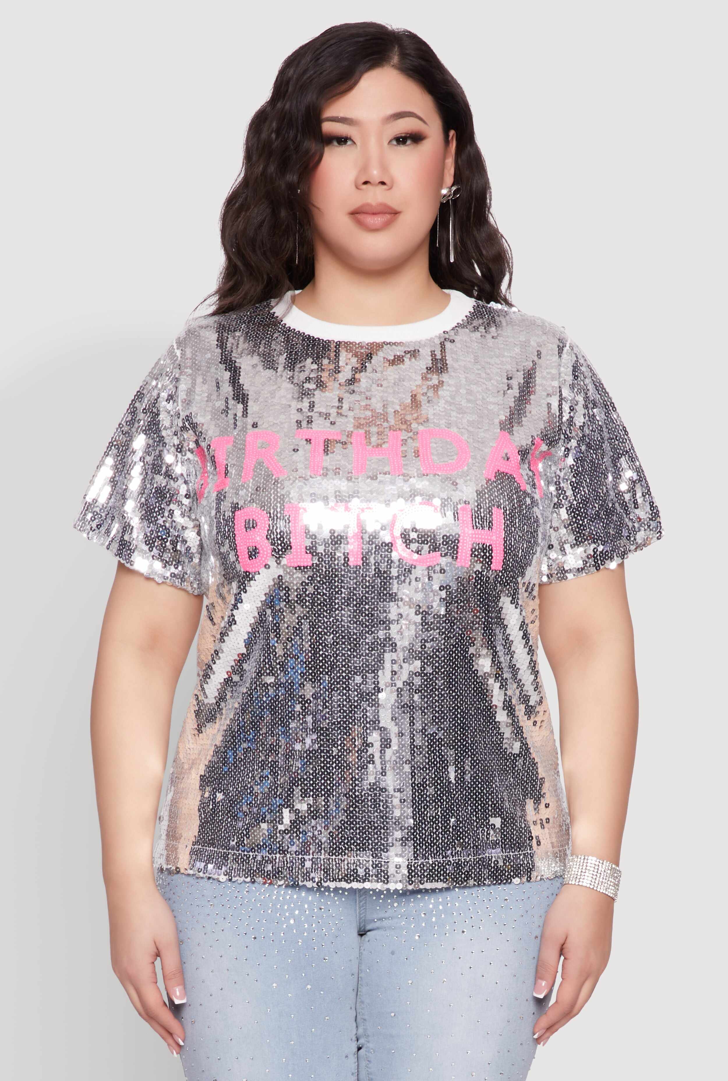 Plus Size Contrast Trim Sequin Birthday Graphic Top