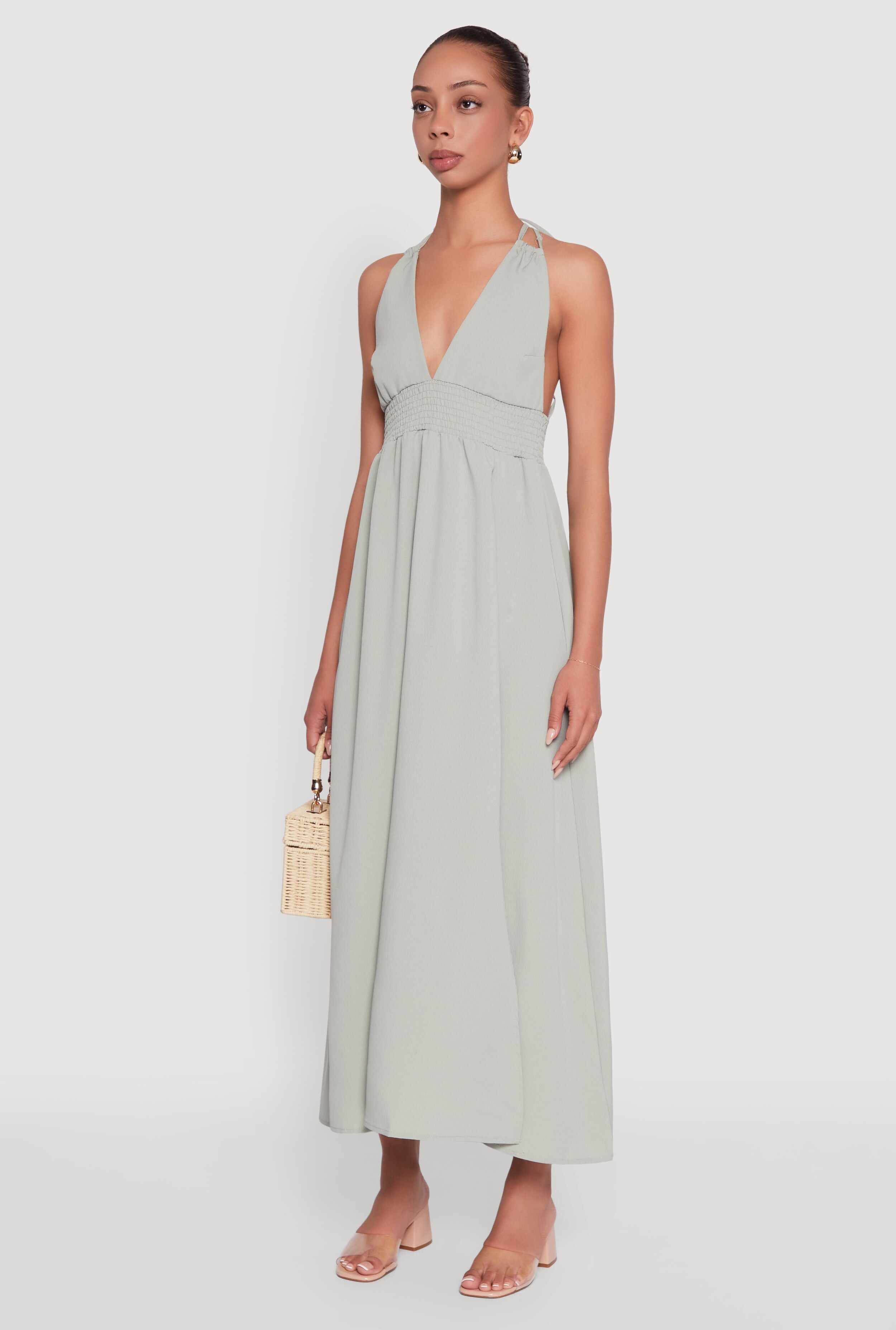 Trendy Plunge Halter Tie Maxi Dress with Criss Cross Back Straps