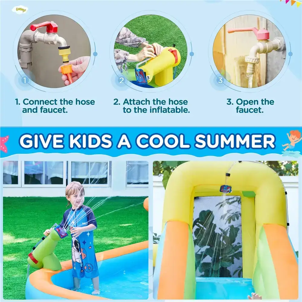 8-in-1 Inflatable Bounce House with Splash Pool, Slide, Climbing Wall, and Market Stand for Kids Ages 3-10, 520W Blower, Portable & Multifunctional Playground Set