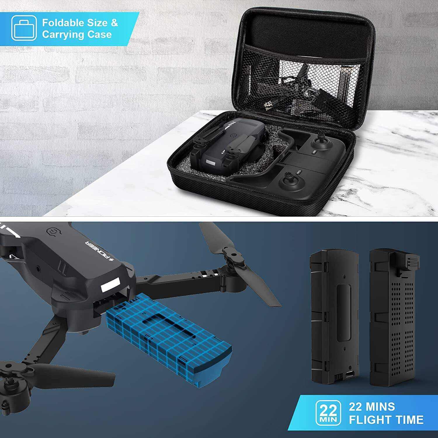 Mini Drone with Camera - 1080P HD FPV Foldable Drone with Carrying Case, 2 Batteries, 90° Adjustable Lens, One Key Take Off/Land, Altitude Hold, 360° Flip, Toys Gifts for Kids and Adults