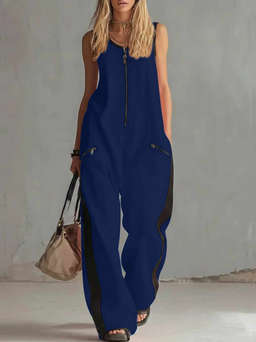 Women's Contrast Color Sleeveless Jumpsuit - Sporty Wide Leg with Zipper Detail (S-2XL)