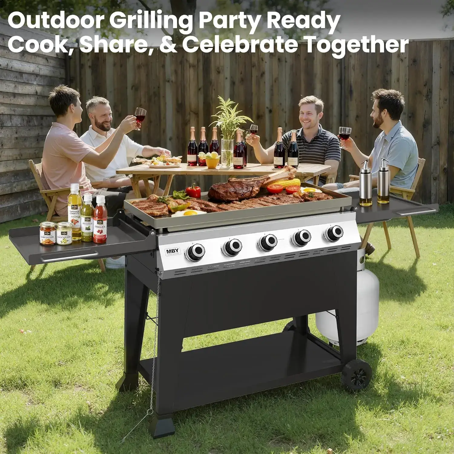 Foldable Outdoor Flat Top Gas Griddle - 50,000 BTU, 540 Sq In Cooking Area, Rolling Wheels, Folding Side Shelves for Camping, Backyard BBQ, Black
