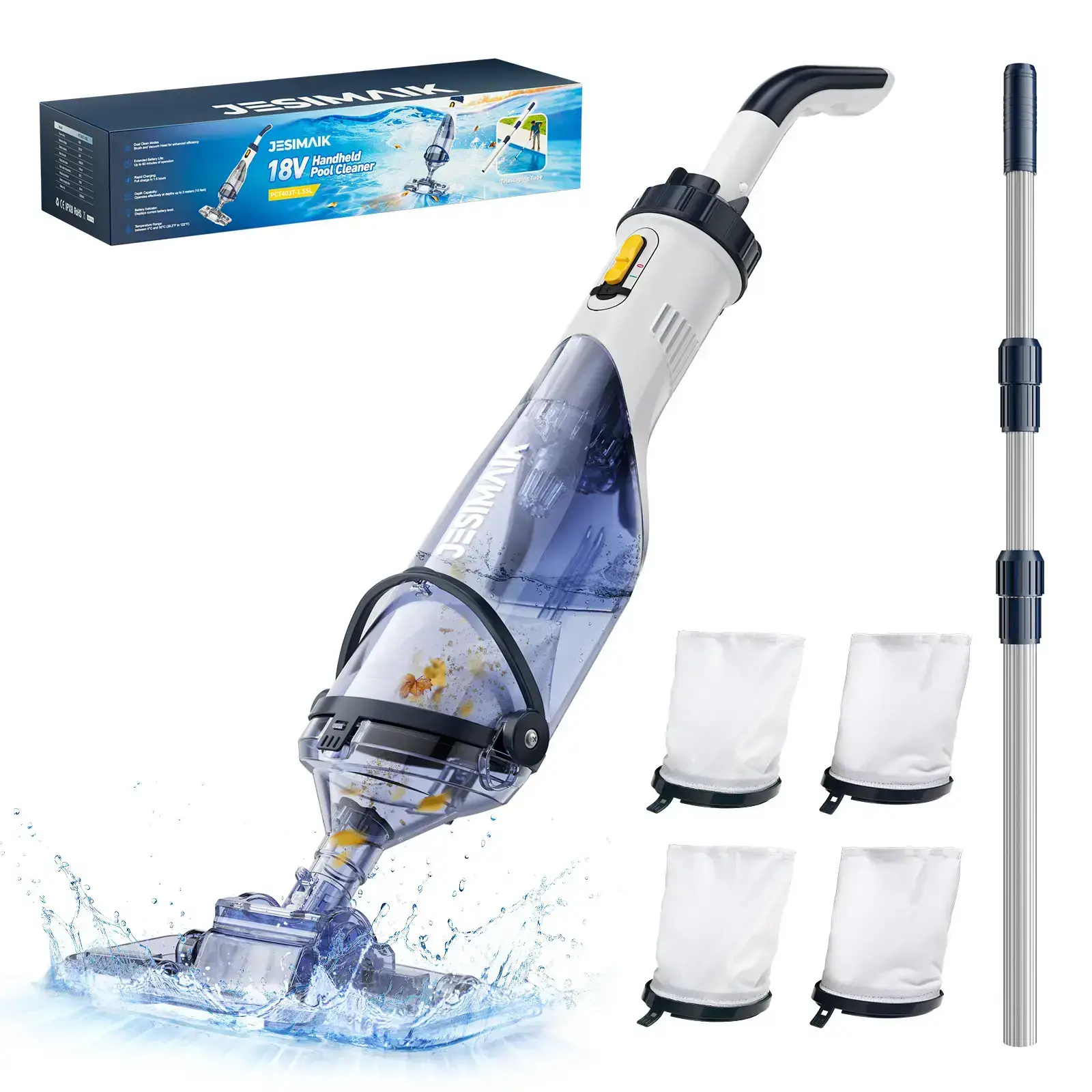 Pool Vacuum for Above Ground Pool, 18.5 GPM Powerful Suction Pool Vacuum with Telescopic Pole, 60min Runtime Dual Head Rechargeable Pool Cleaner,Ideal for Leaves, Debris