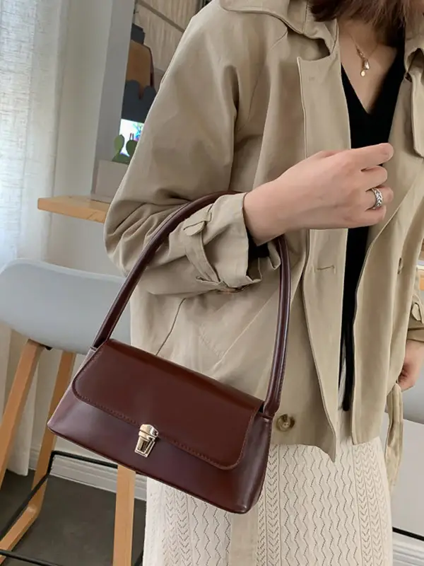 Minimalist Lock-Detail Leather Shoulder Bag