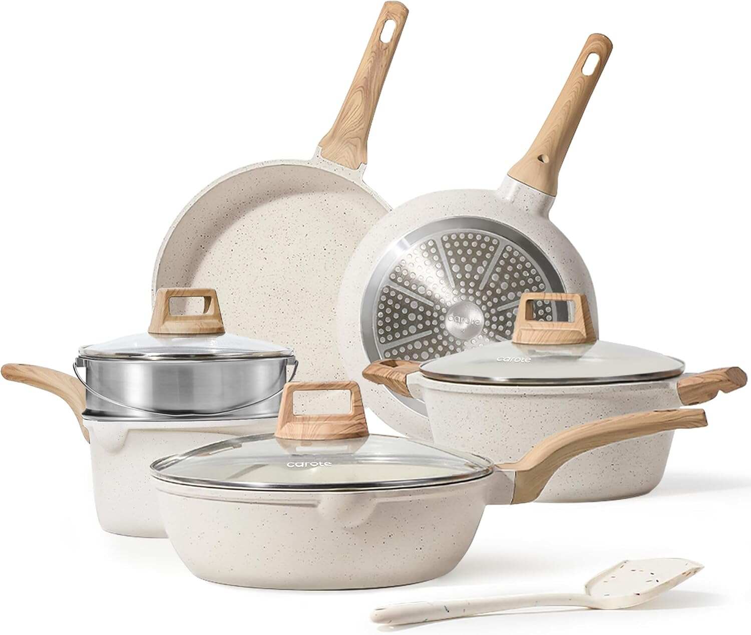 CAROTE ICE 35pcs Pots and Pans Set, Nonstick Cookware Sets, White Granite Induction Cookware with Kitchen Knife Set