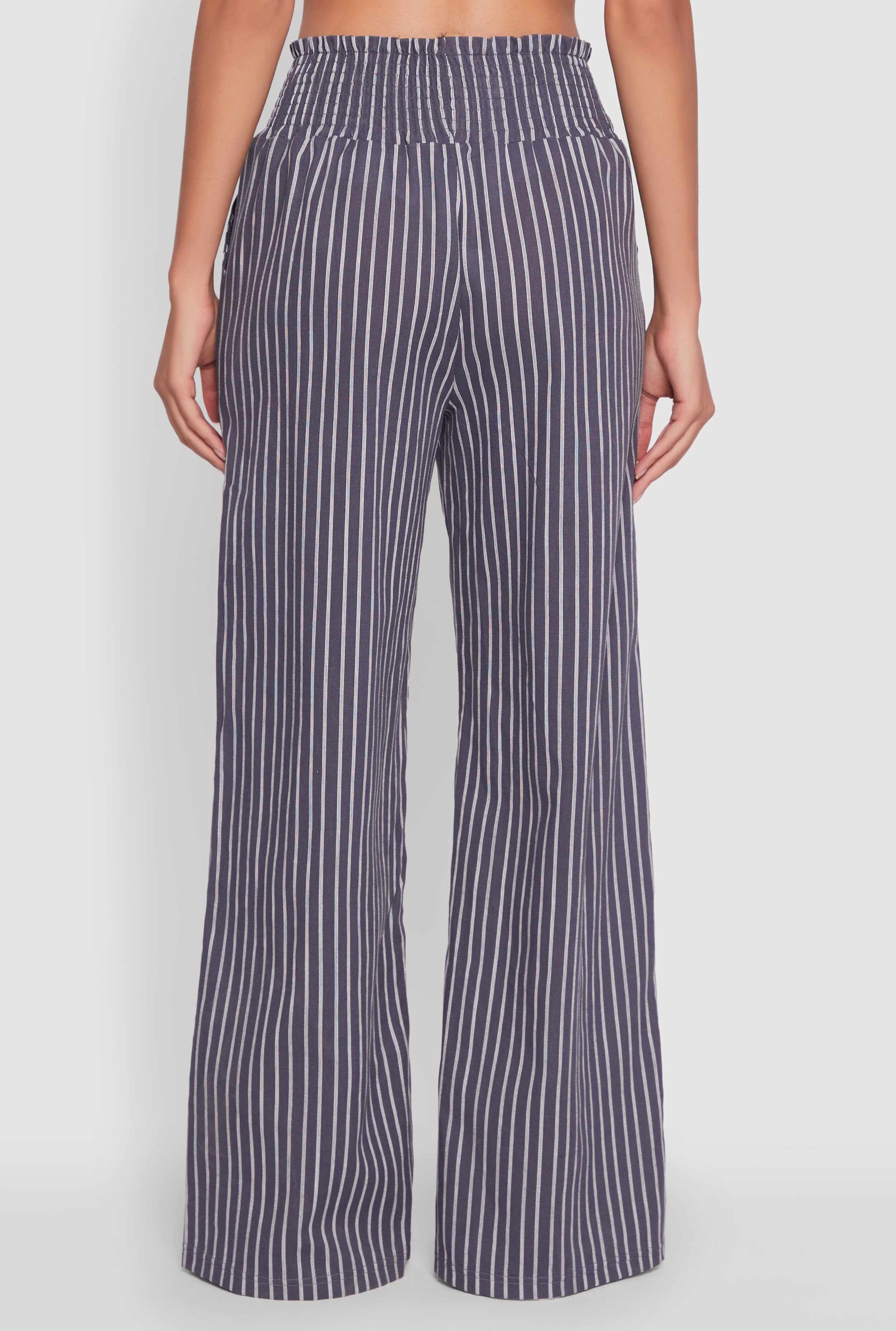 Trendy Linen Striped Smocked Waist Wide Leg Pants