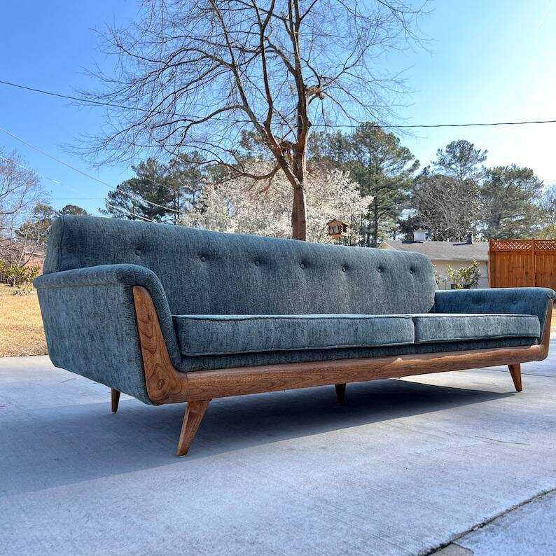 Vintage Mid-Century Modern Re-Upholstered Pearsall Style Blue Gondola Sofa