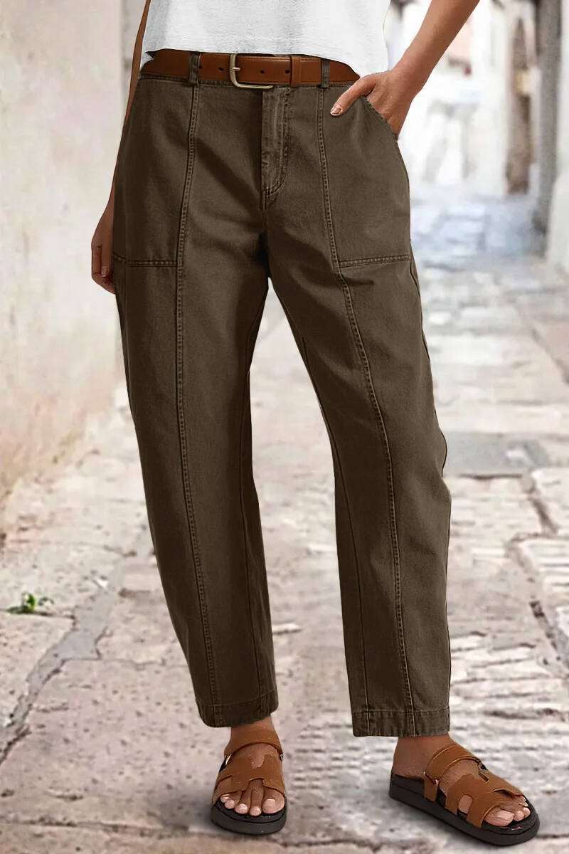 🔥 Last Day For Clearance！ !10 packs only $32!Solid Stitch Detail Mid Waist Barrel Leg Pants Without Belt