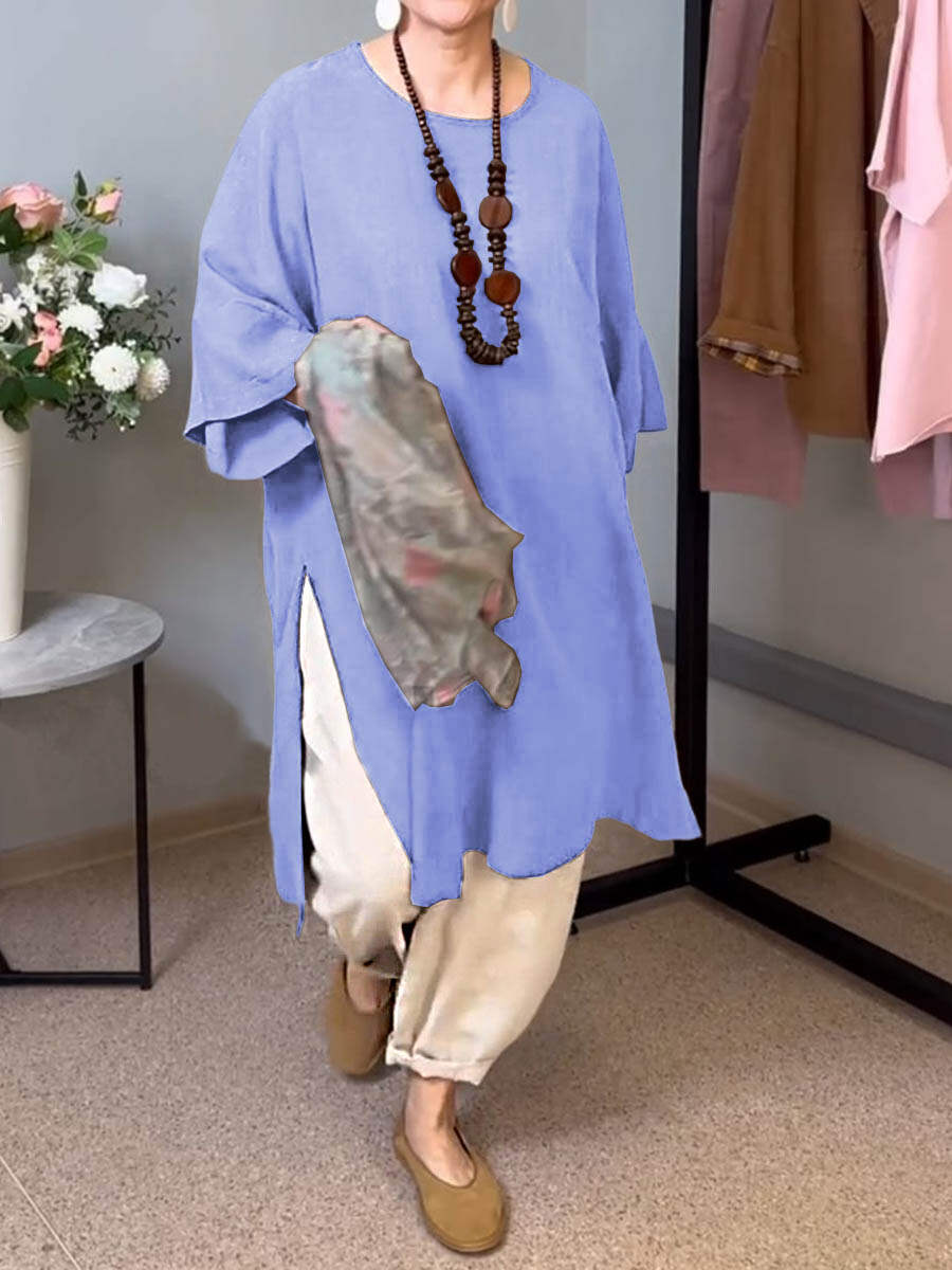 🔥Summer Arrivals🌟Women's Solid Color Round Neck 3/4 Sleeves Casual Linen Slit Long Top