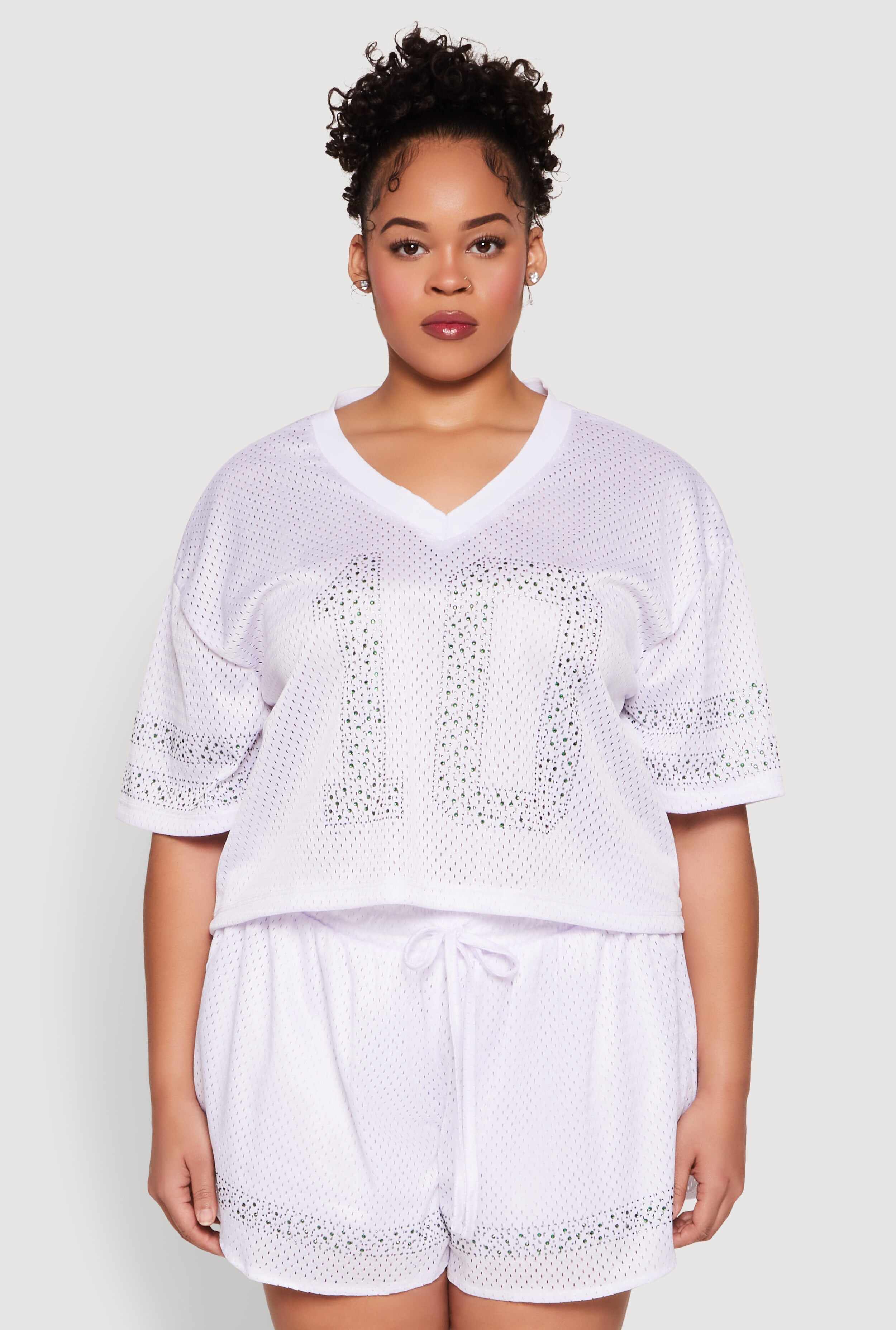 Plus Size Rhinestone Graphic Print Mesh Jersey