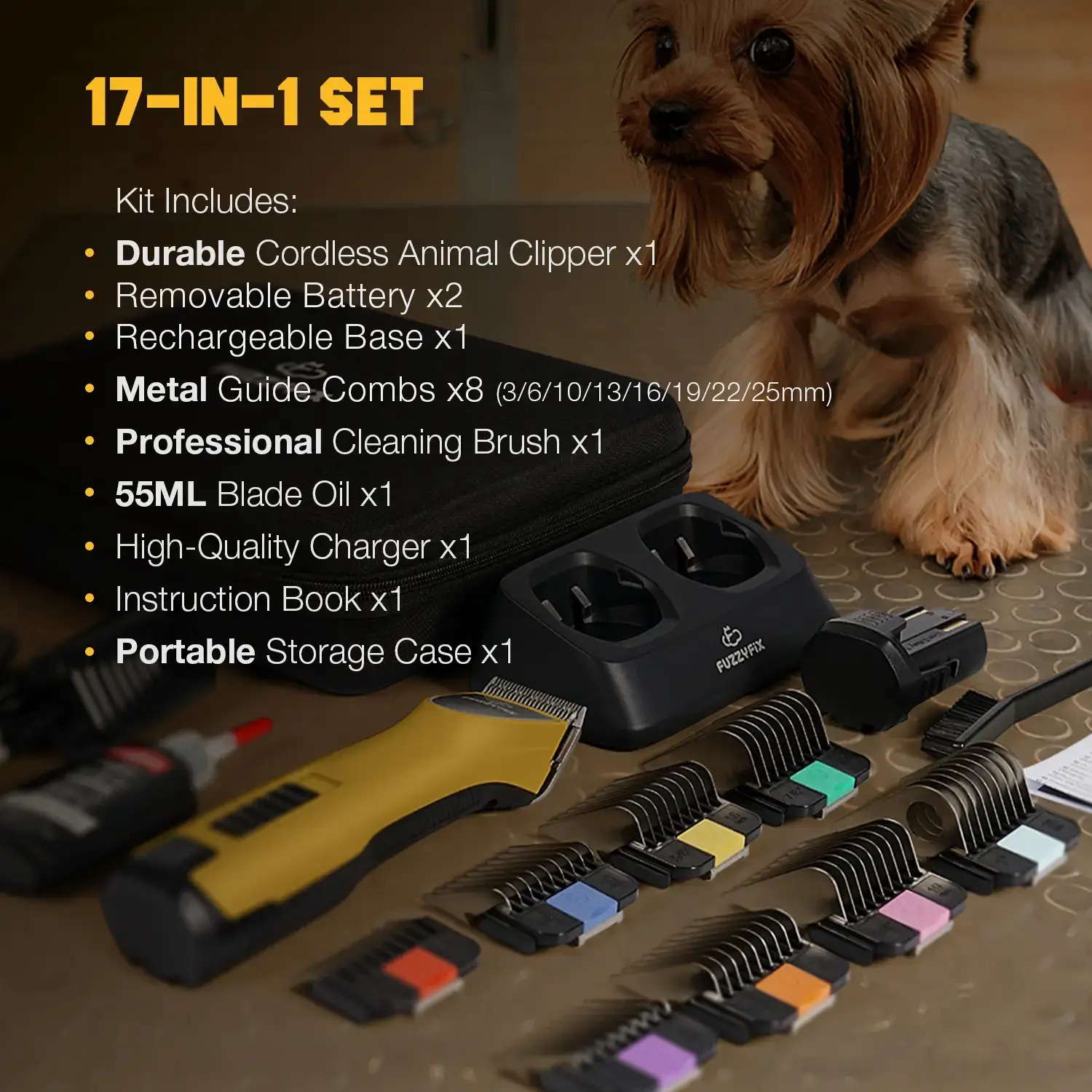 Professional Dog Clippers for Grooming with Charging Replacement, Low Noise Pet Grooming Kit for Thick Curly Matted Heavy Coats Cordless Hair Trimmer with 8 Metal Guide Combs for Animal Horse