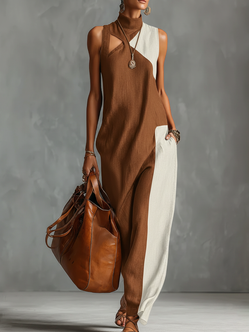 🔥Summer Arrivals🌟Fashionable Color-blocked Linen-cotton Maxi Dress