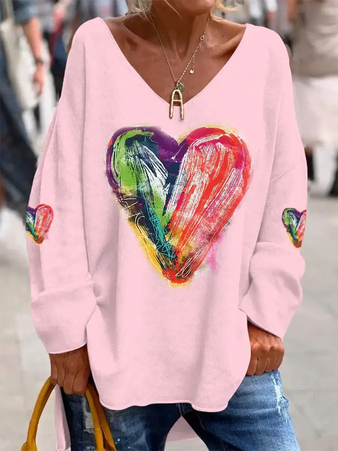 Women's Valentine��s Day Love Heart Print Casual V-Neck Top