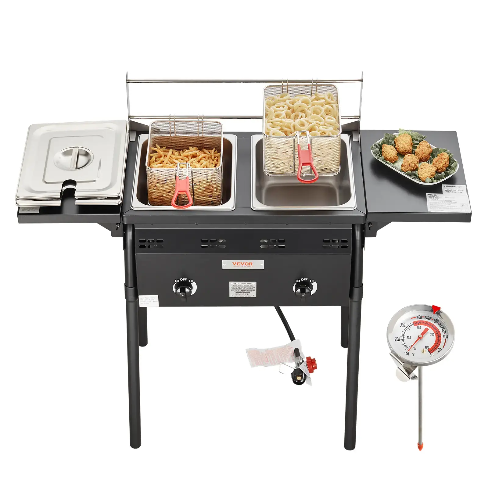Outdoor Propane Deep Fryer Double Burners Commercial Fryer16 Qt Stainless Steel Cooker with Removable Baskets & Lids & TanksOil Fryer Cart with Thermometer & RegulatorFor Outdoor Cooking