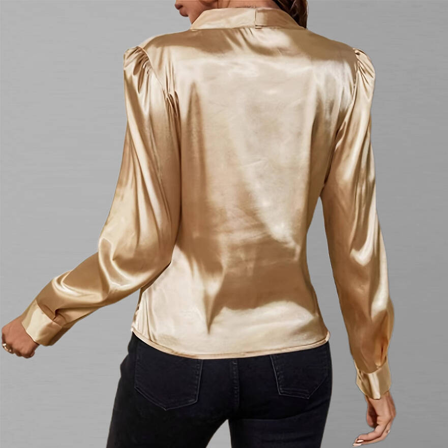 Women's Elegant Champagne Satin Draped Wrap V Neck Puff Sleeve Blouse
