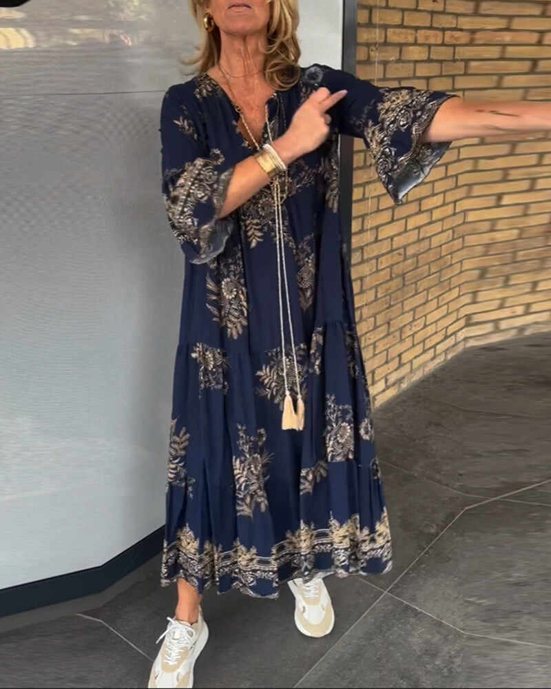 🔥Summer Arrivals🌟💃Hot sale new product 50% off👗 - Navy blue print loose retro V-neck dress