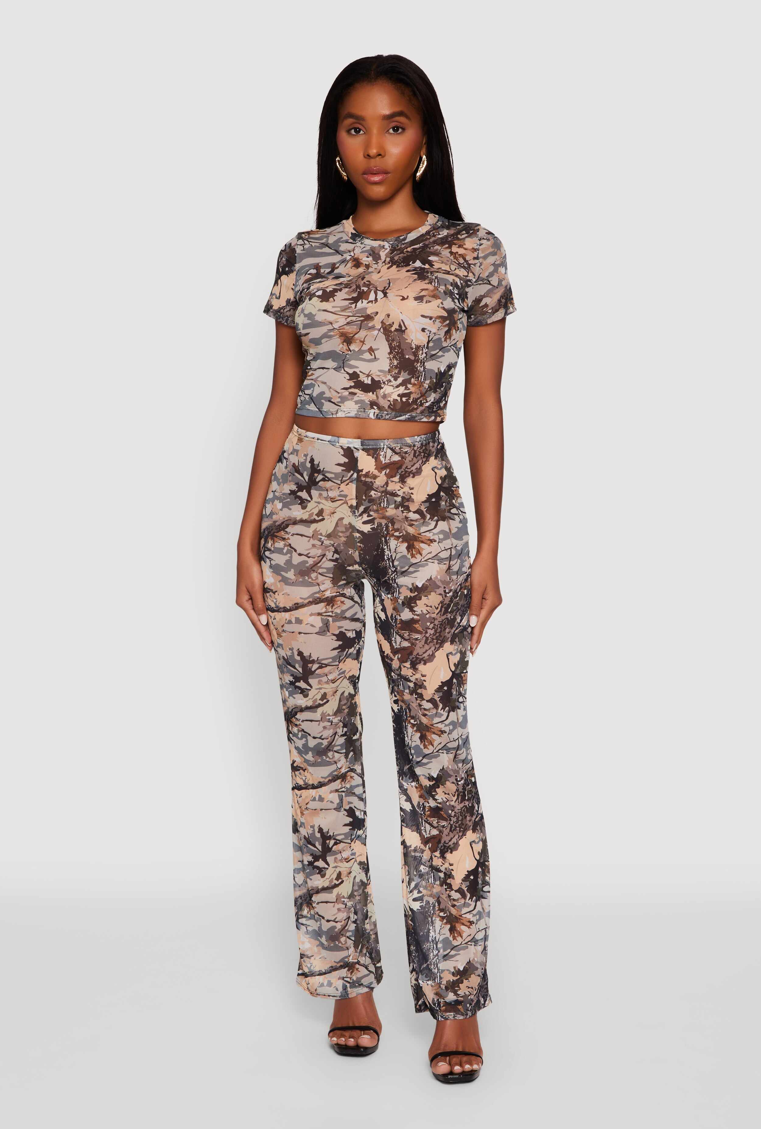 Camo Leaf Print Mesh Crop Top