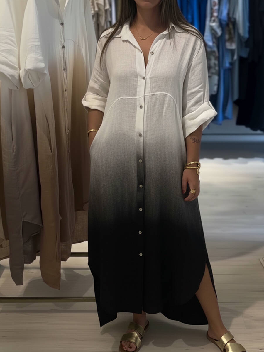 🔥Summer Arrivals🌟Casual Gradient Color Linen And Cotton Shirt Dress