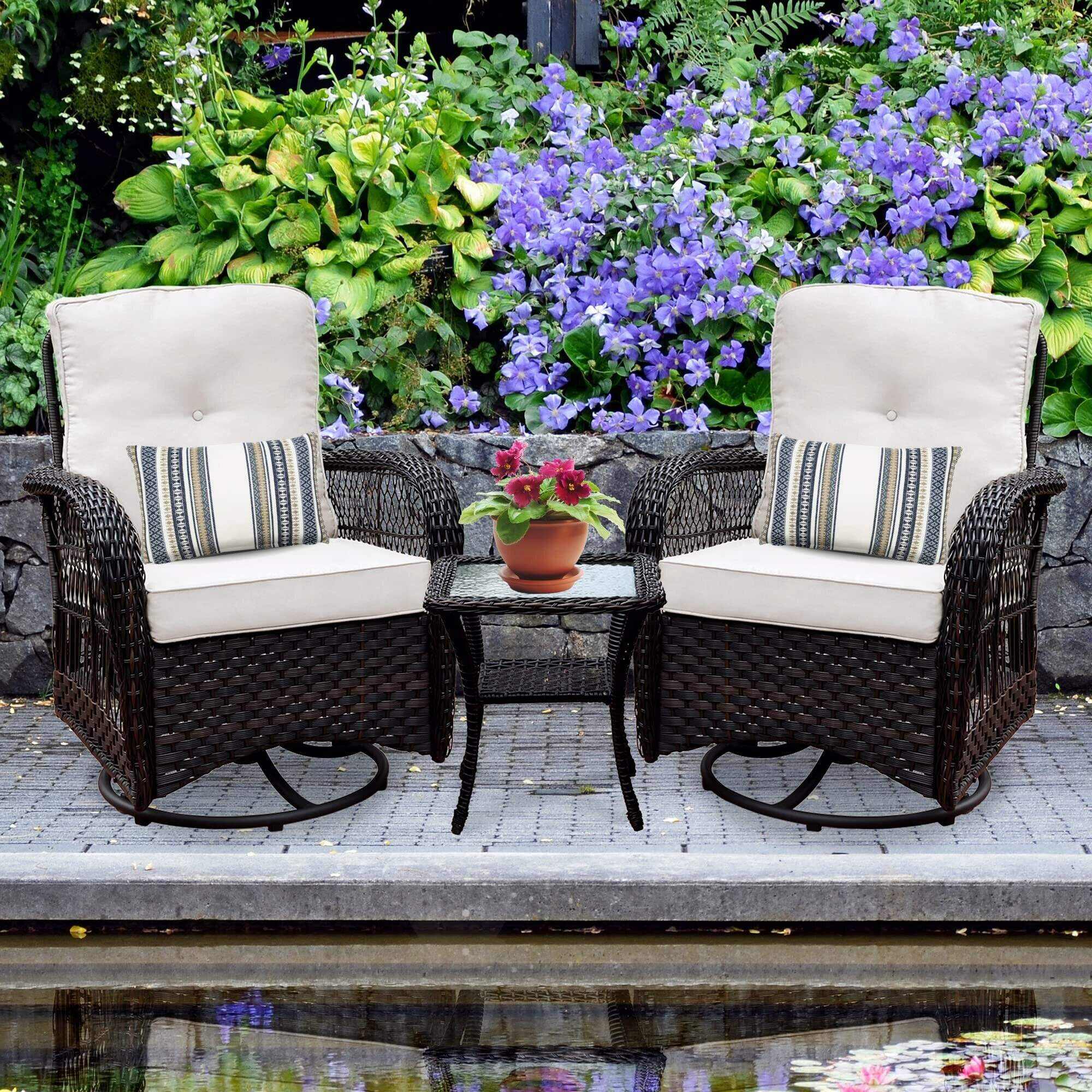 Swivel Rocker Patio Chairs Set of 2 and Matching Side Table - 3 Piece Wicker Patio Bistro Set with Premium Fabric Cushions Furniture (Dark Wicker Chair Beige Cushion)