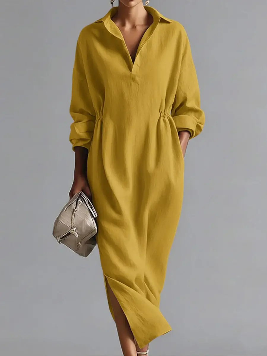 🔥Summer Arrivals🌟Women's Solid Color Lapel Long-sleeved Casual Loose Cotton Dress